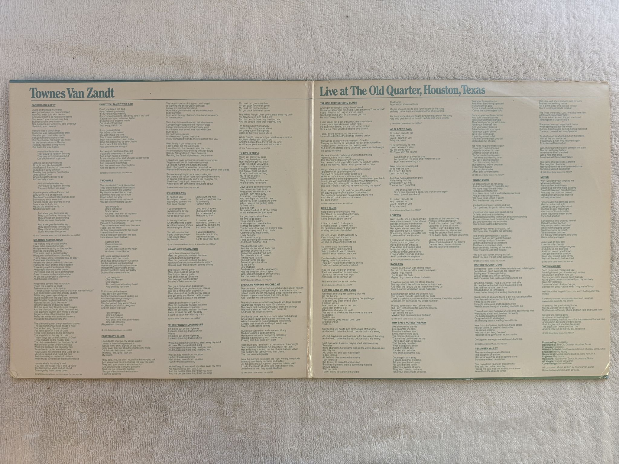 Omslagsbild för skivan TOWNES VAN ZANDT Live At The Old Quarter, Houston 2xLP -77 US TOMATO TOM-2-7001