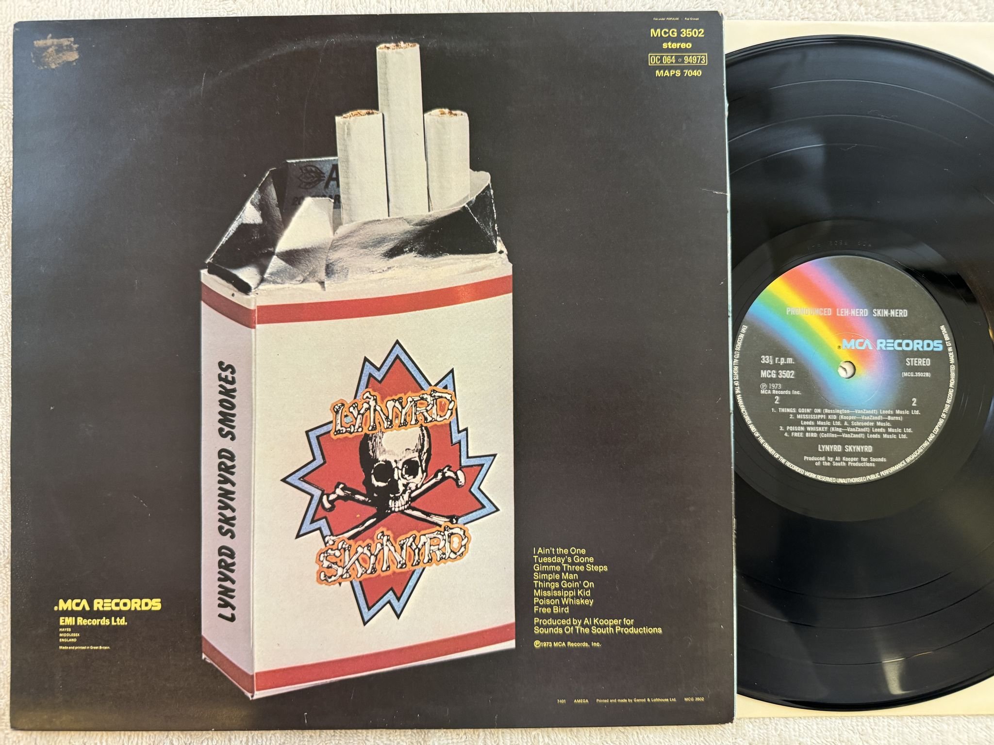 Omslagsbild för skivan LYNYRD SKYNYRD (Pronounced 'Leh-'nérd 'Skin-'nérd) LP -74 UK MCA MCG 3502