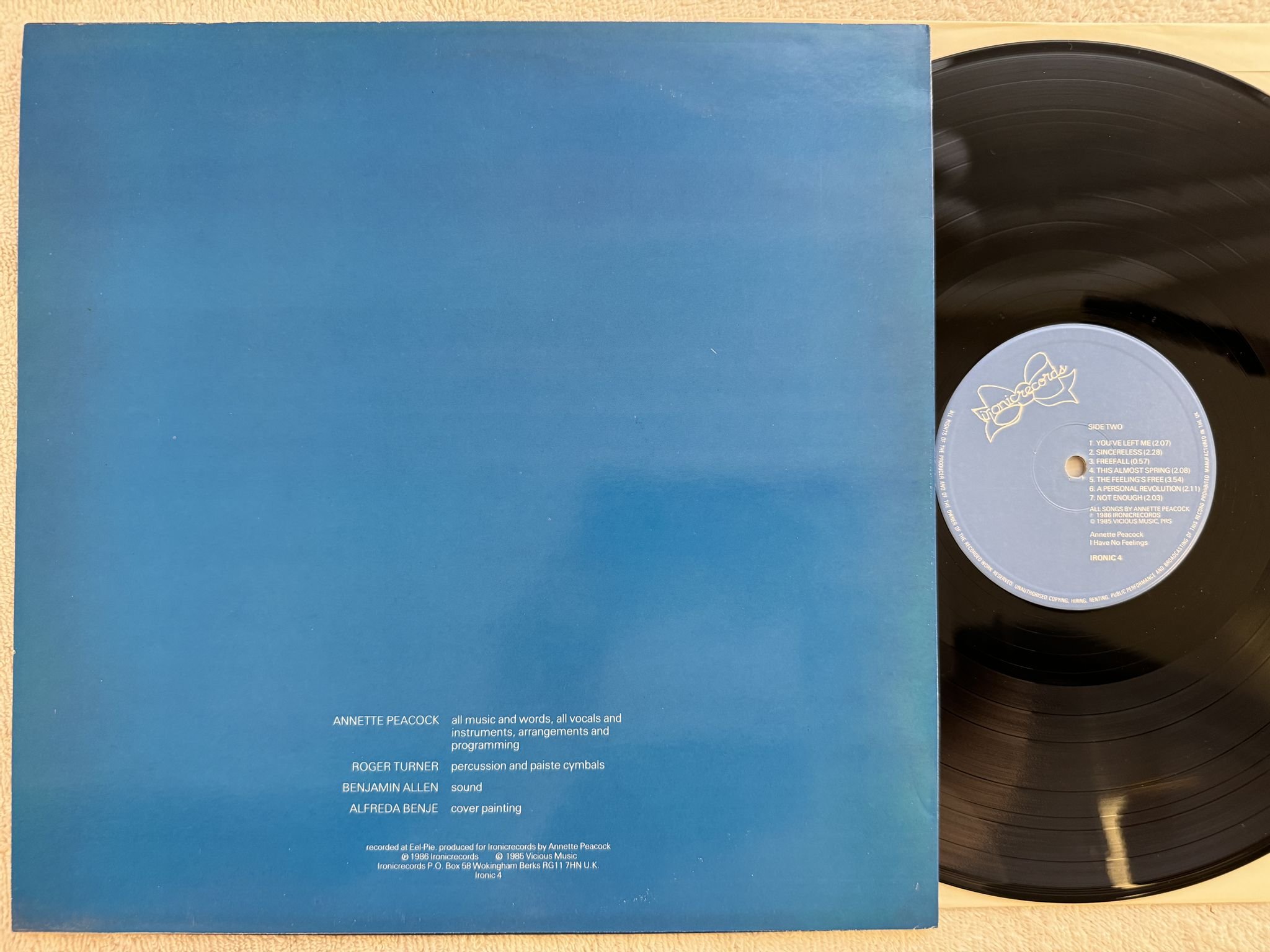Omslagsbild för skivan ANNETTE PEACOCK I Have No Feelings LP -86 UK IRONIC RECORDS ironic 4