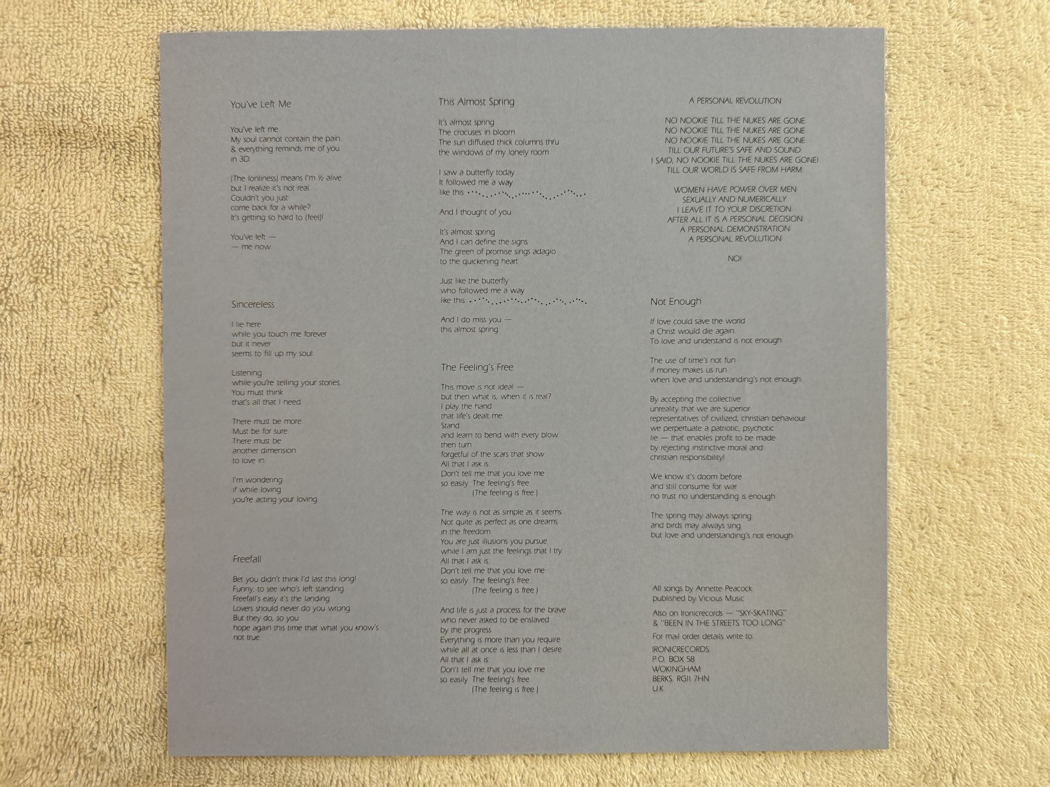 Omslagsbild för skivan ANNETTE PEACOCK I Have No Feelings LP -86 UK IRONIC RECORDS ironic 4