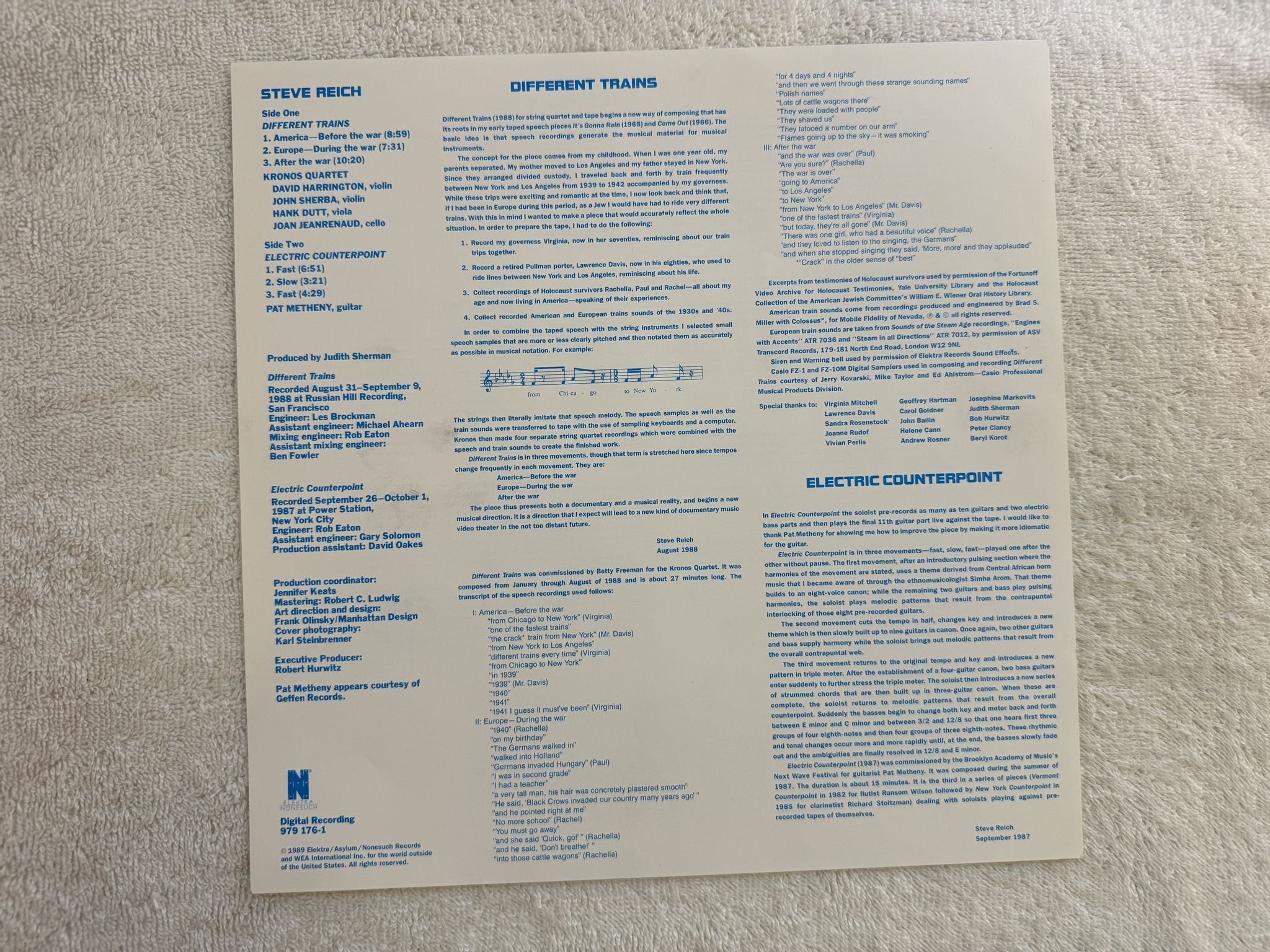 Omslagsbild för skivan STEVE REICH electric counterpoint LP -89 EU ELEKTRA NONESUCH 979 176-1 * RARE *