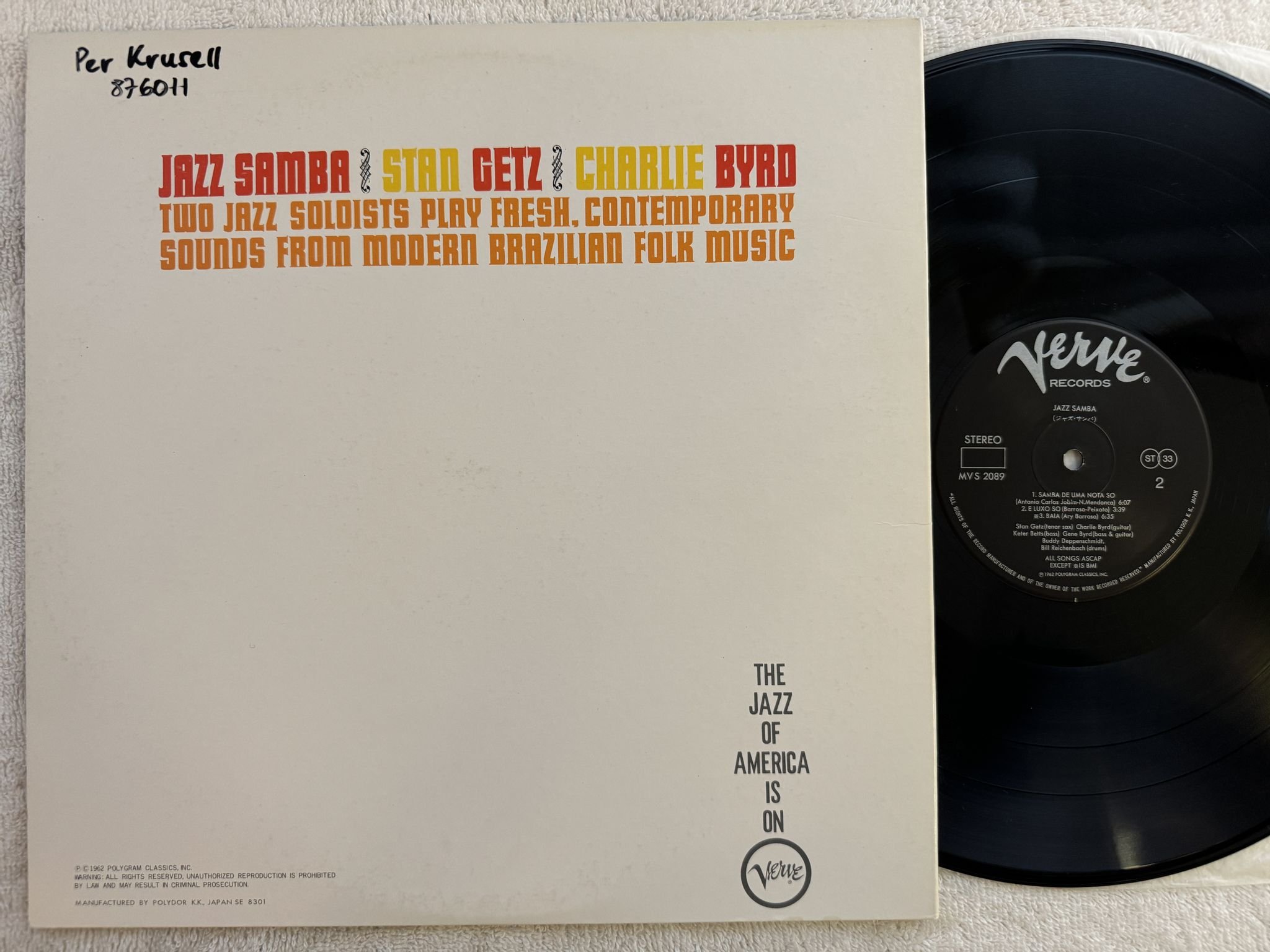 Omslagsbild för skivan STAN GETZ jazz samba LP re Japan VERVE MVS 2089