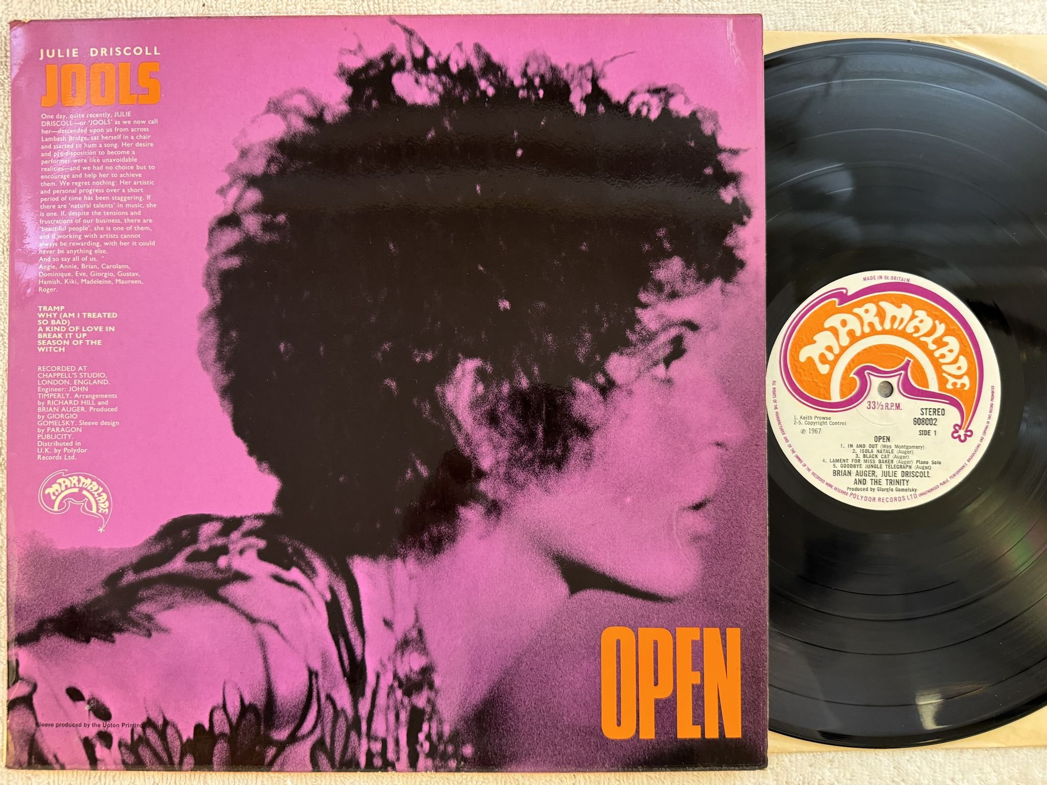 Omslagsbild för skivan JULIE DRISCOLL Open LP -67 UK MARMALADE 608002