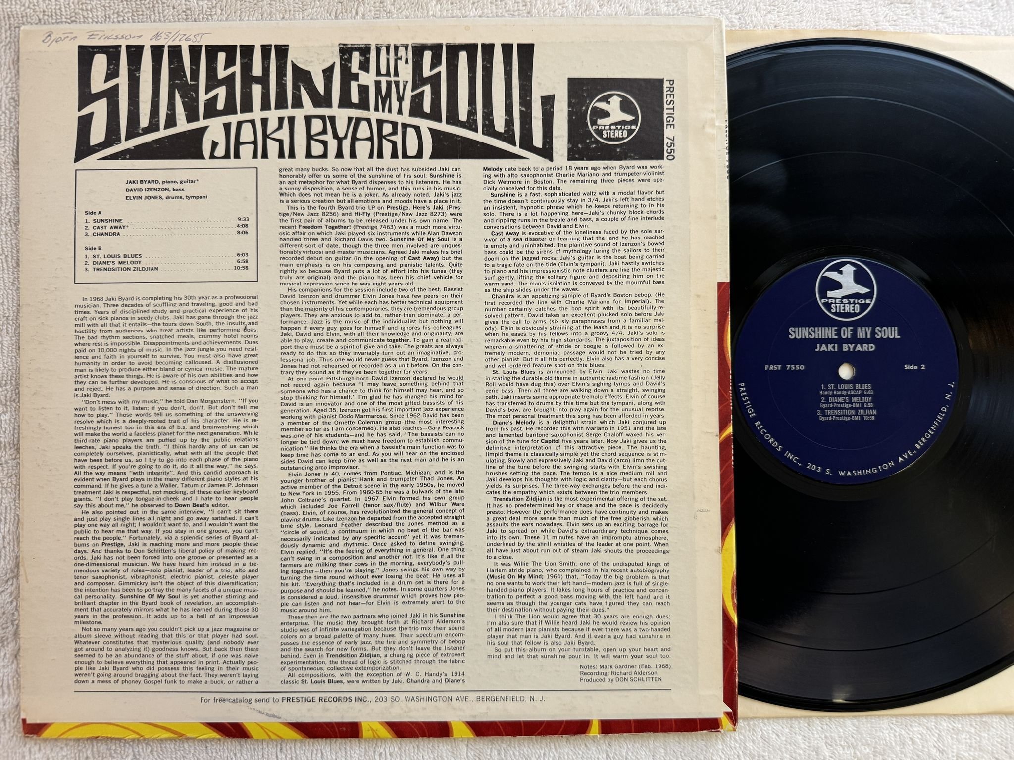 Omslagsbild för skivan JAKI BYARD sunshine of my soul LP -68 US PRESTIGE PRST 7550