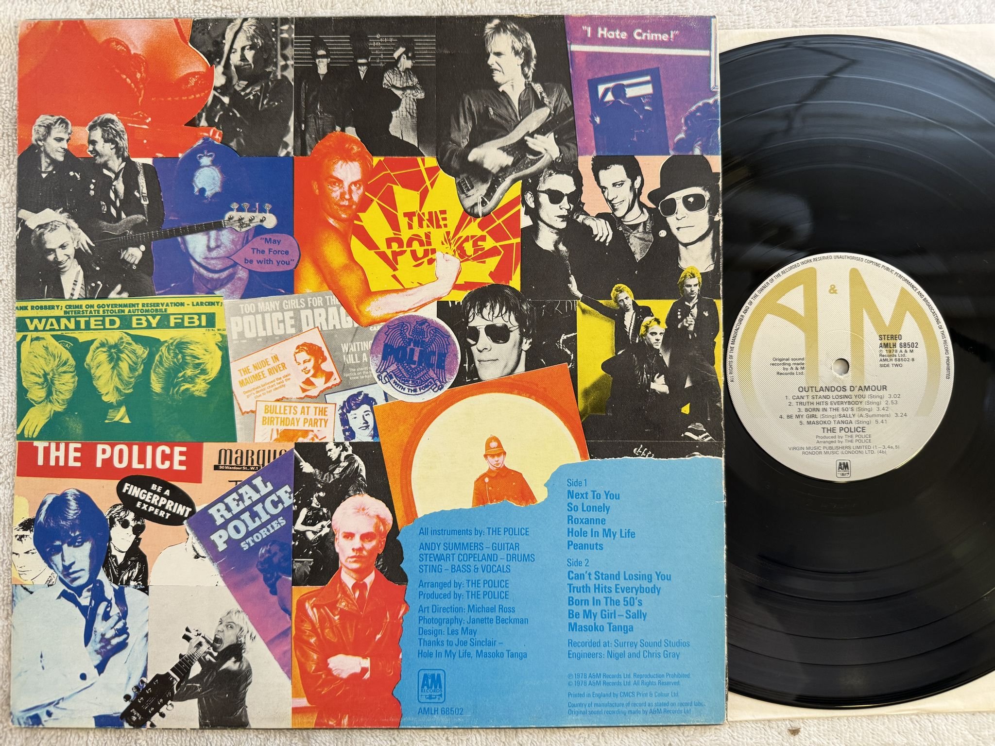 Omslagsbild för skivan POLICE outlandos d'amour LP -78 A&M AMLH 68502