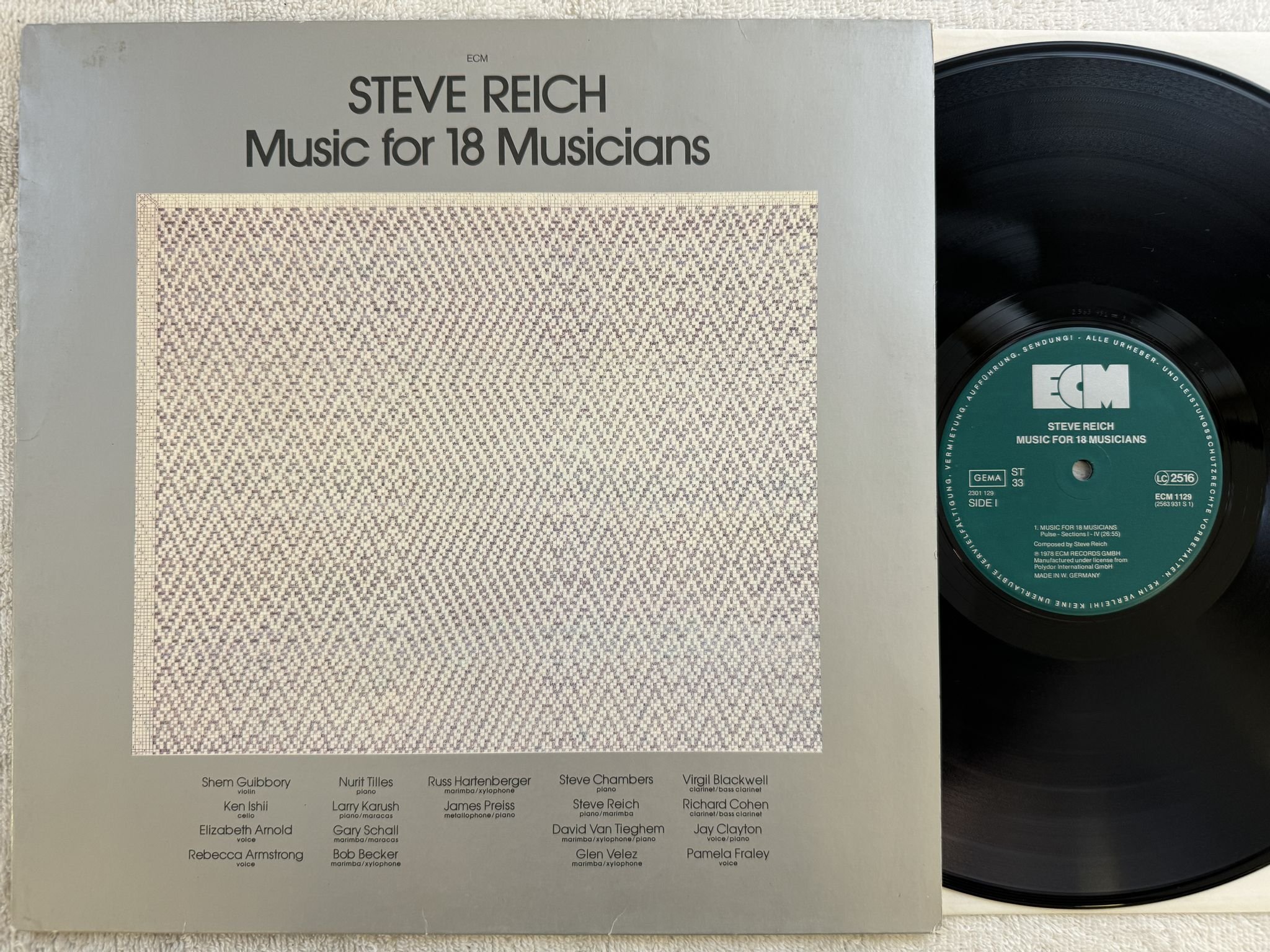 Omslagsbild för skivan STEVE REICH music for 18 musicians LP -78 Ger ECM 1129