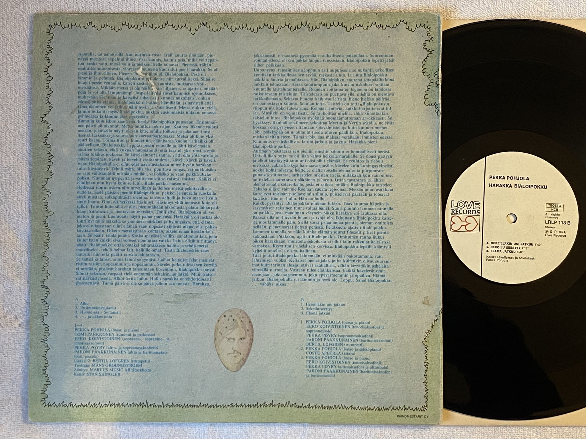 Omslagsbild för skivan PEKKA POHJOLA harakka bialoipokku LP -74 LOVE RECORDS LRLP 118