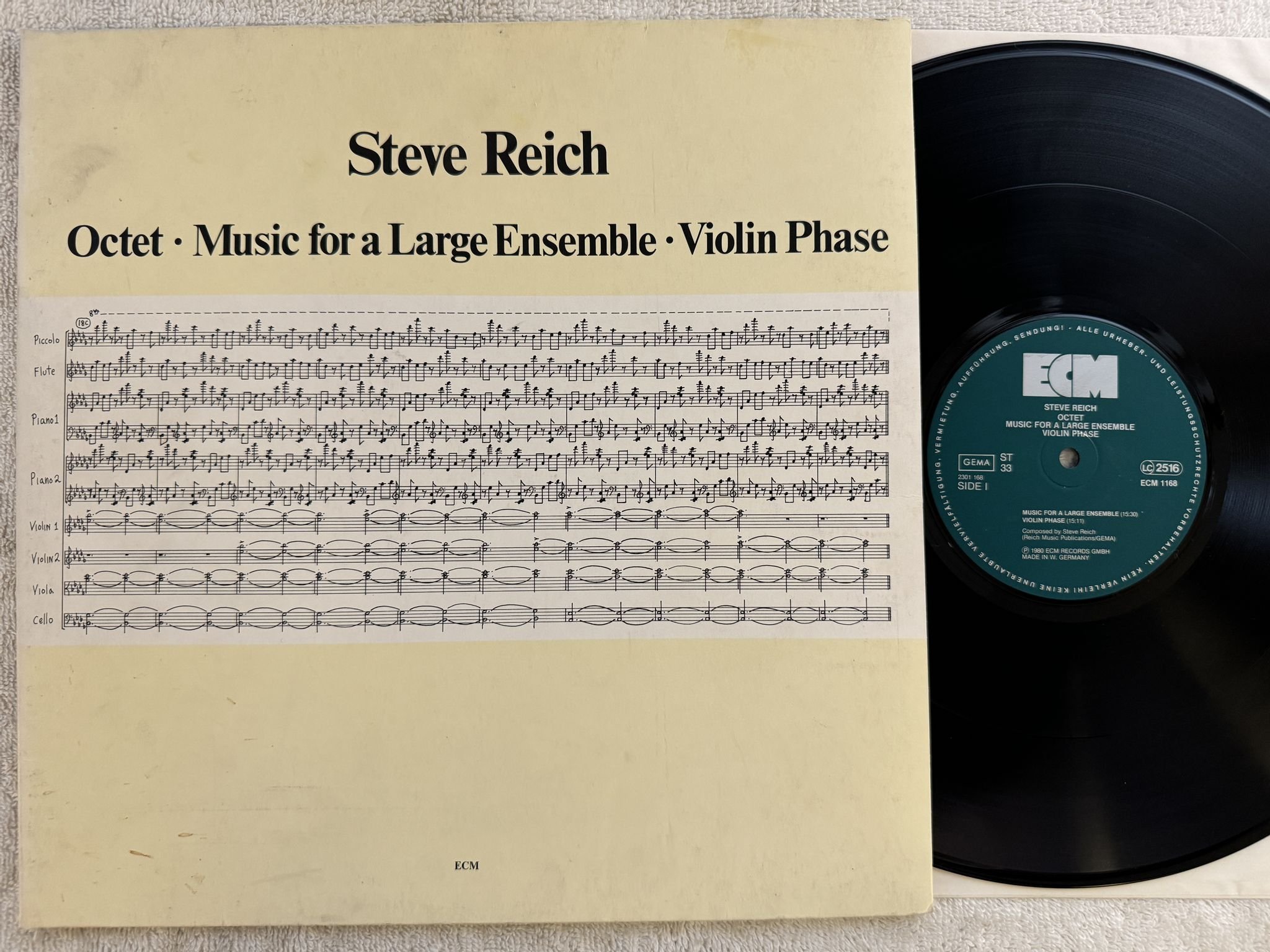 Omslagsbild för skivan STEVE REICH Octet Music For A Large Ensemble Violin Phase LP -80 Ger ECM 1168