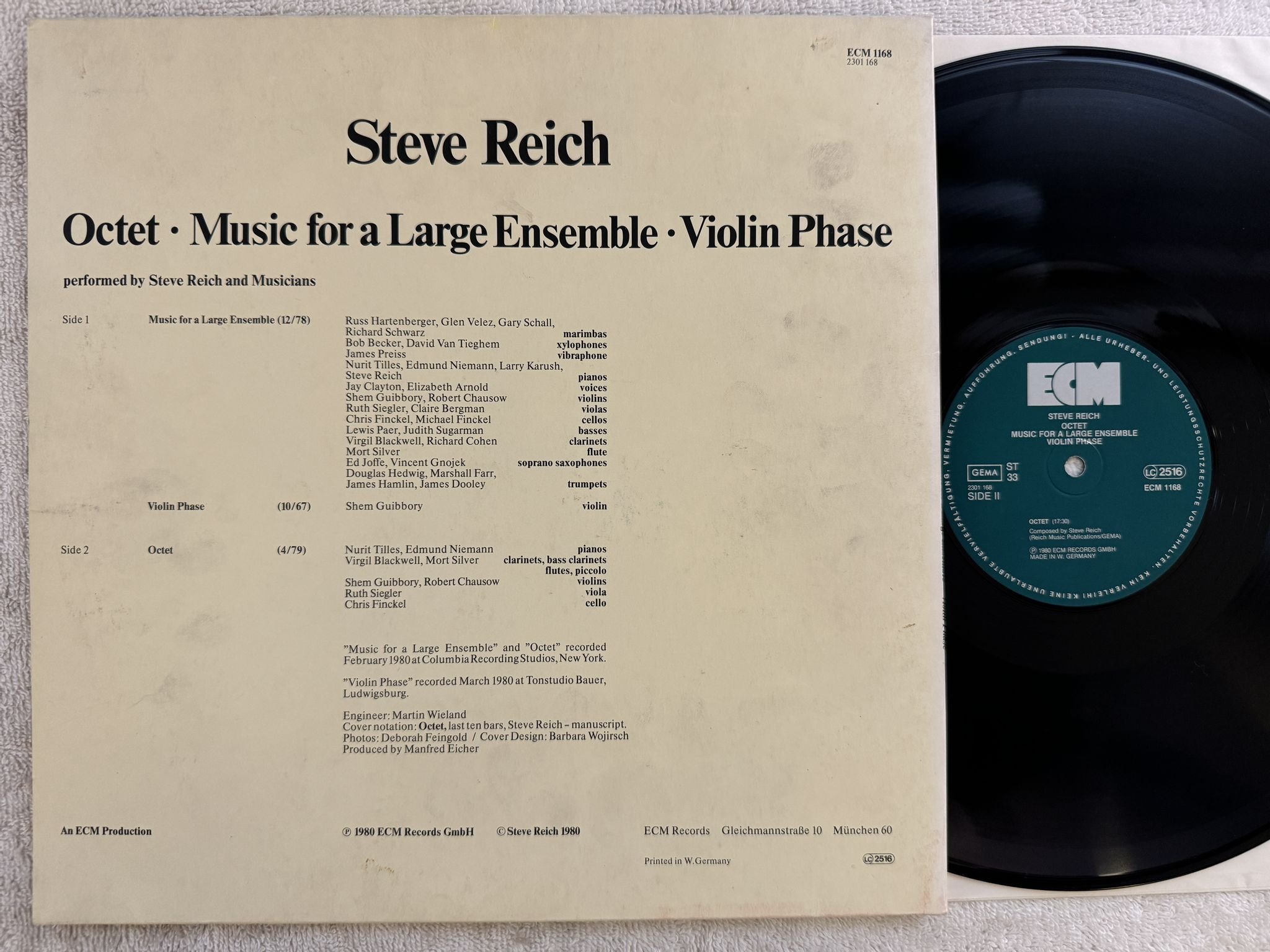 Omslagsbild för skivan STEVE REICH Octet Music For A Large Ensemble Violin Phase LP -80 Ger ECM 1168