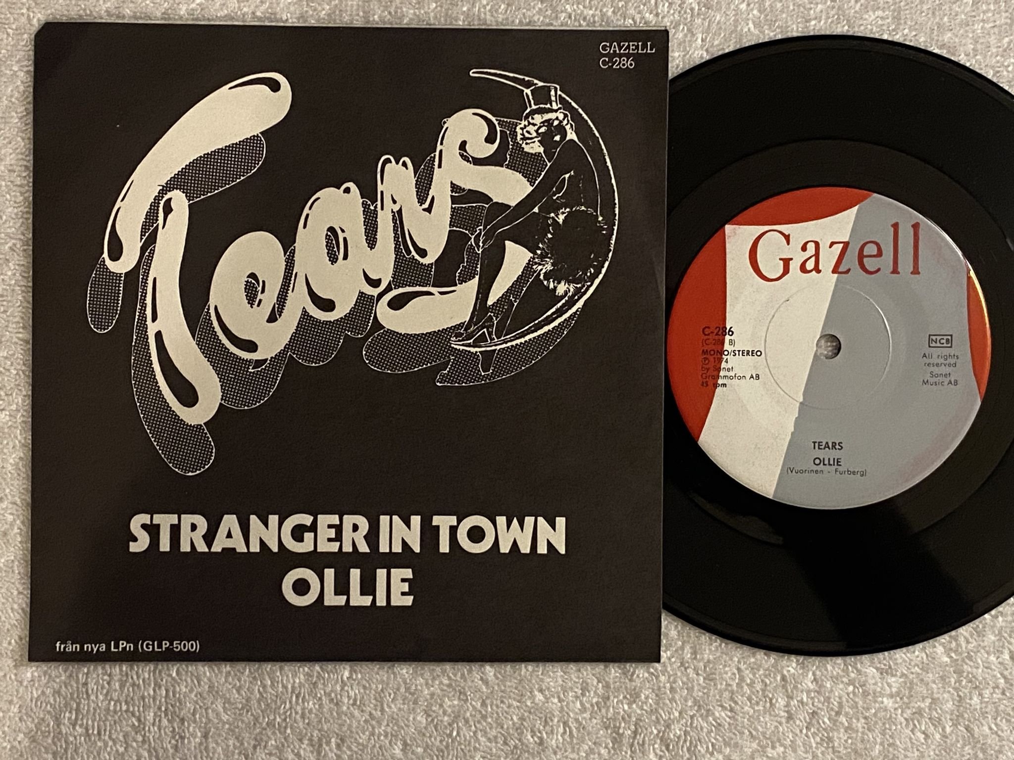 Omslagsbild för skivan TEARS strangers in town 7" -74 Swe SONET C-286
