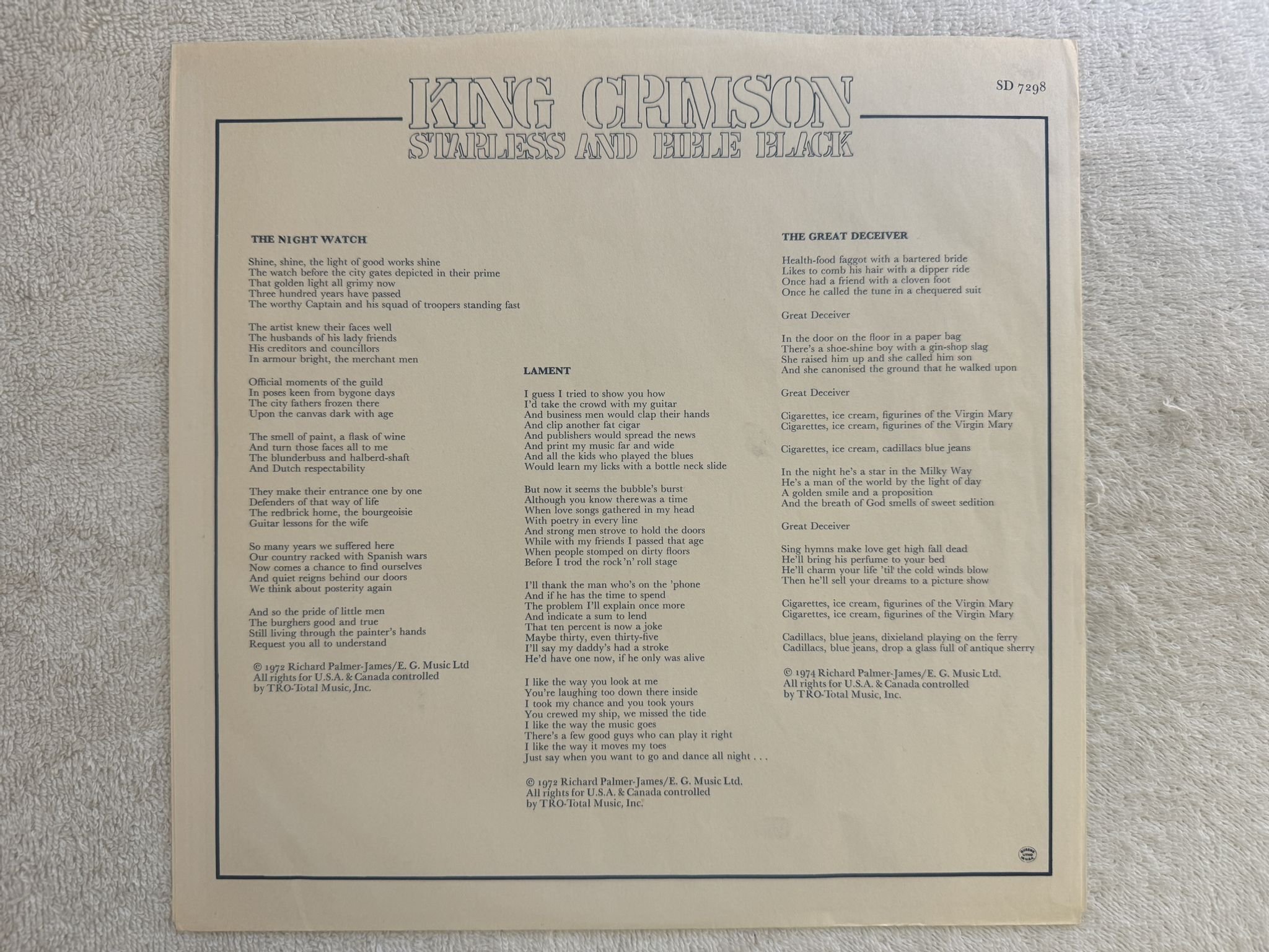 Omslagsbild för skivan KING CRIIMSON starless and bible black LP -74 US ATLANTIC SD 7298