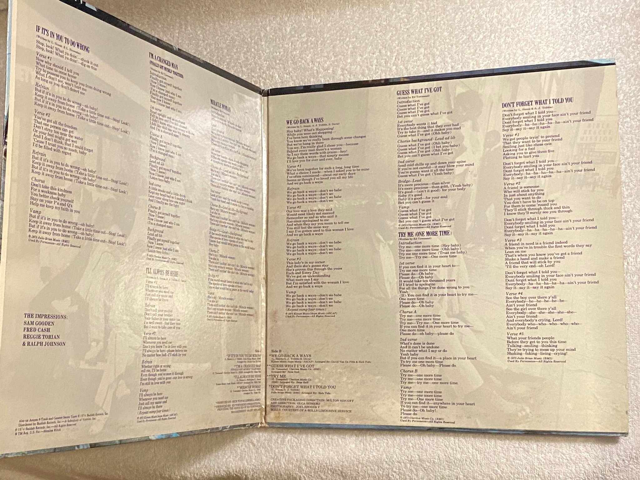 Omslagsbild för skivan IMPRESSIONS finally got myself together LP -73 US CURTOM CRS 8019