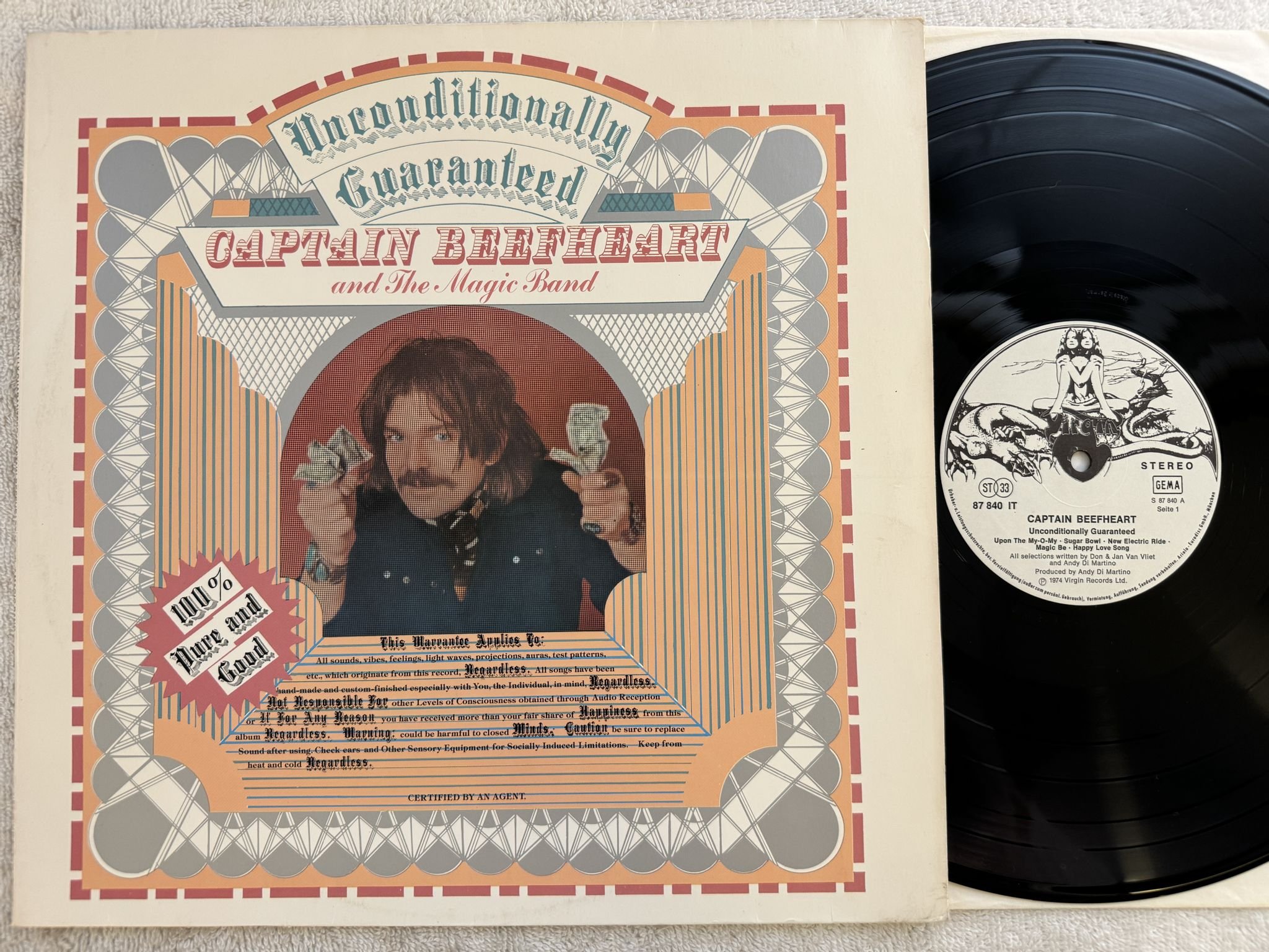 Omslagsbild för skivan CAPTAIN BEEFHEART Unconditionally Guaranteed LP -74 Ger VIRGIN 87 840 IT