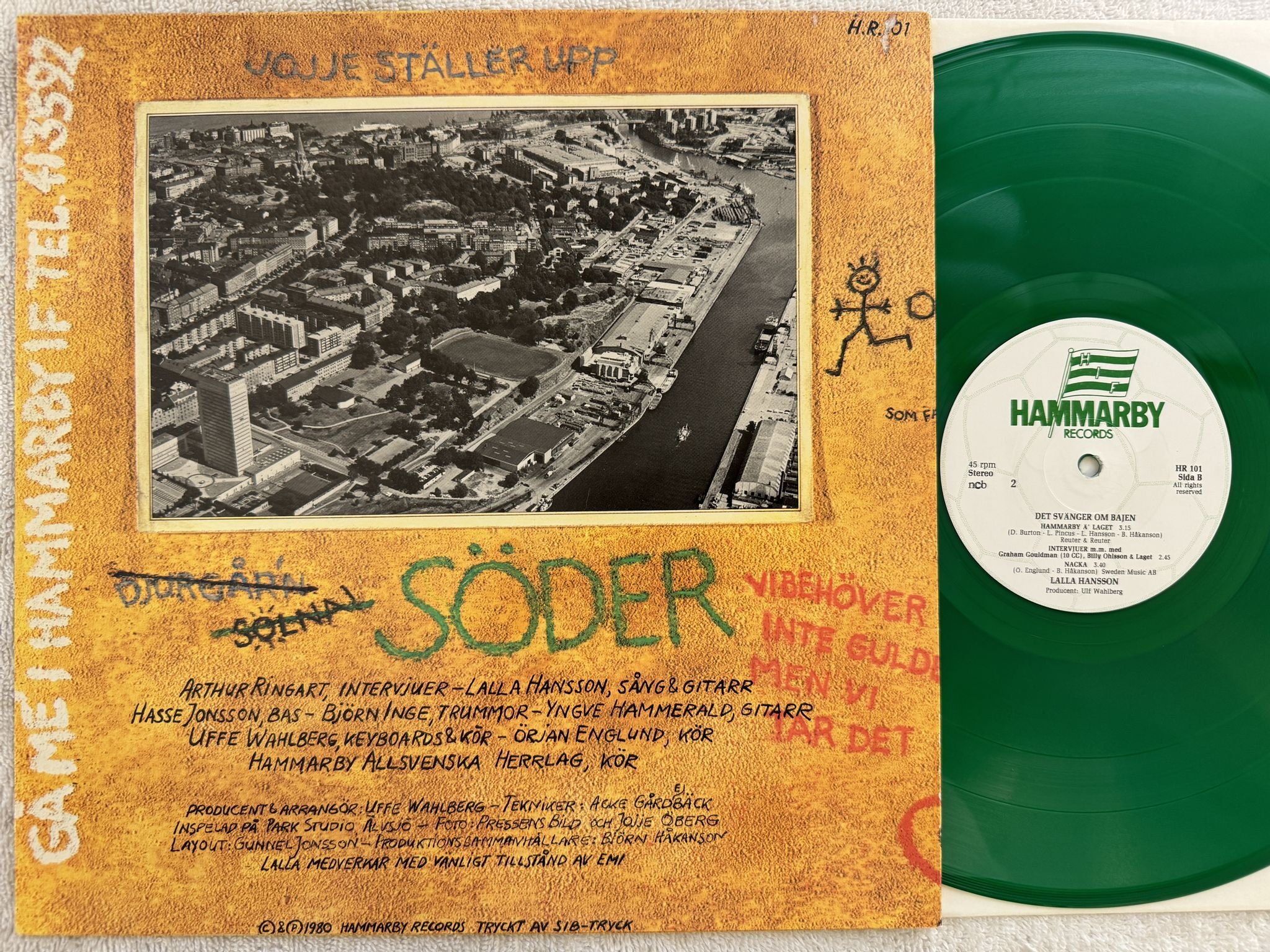 Omslagsbild för skivan LALLA HANSSON det svänger om Bajen 12" -80 Swe HAMMARBY H.R.101 ** GRÖN VINYL **