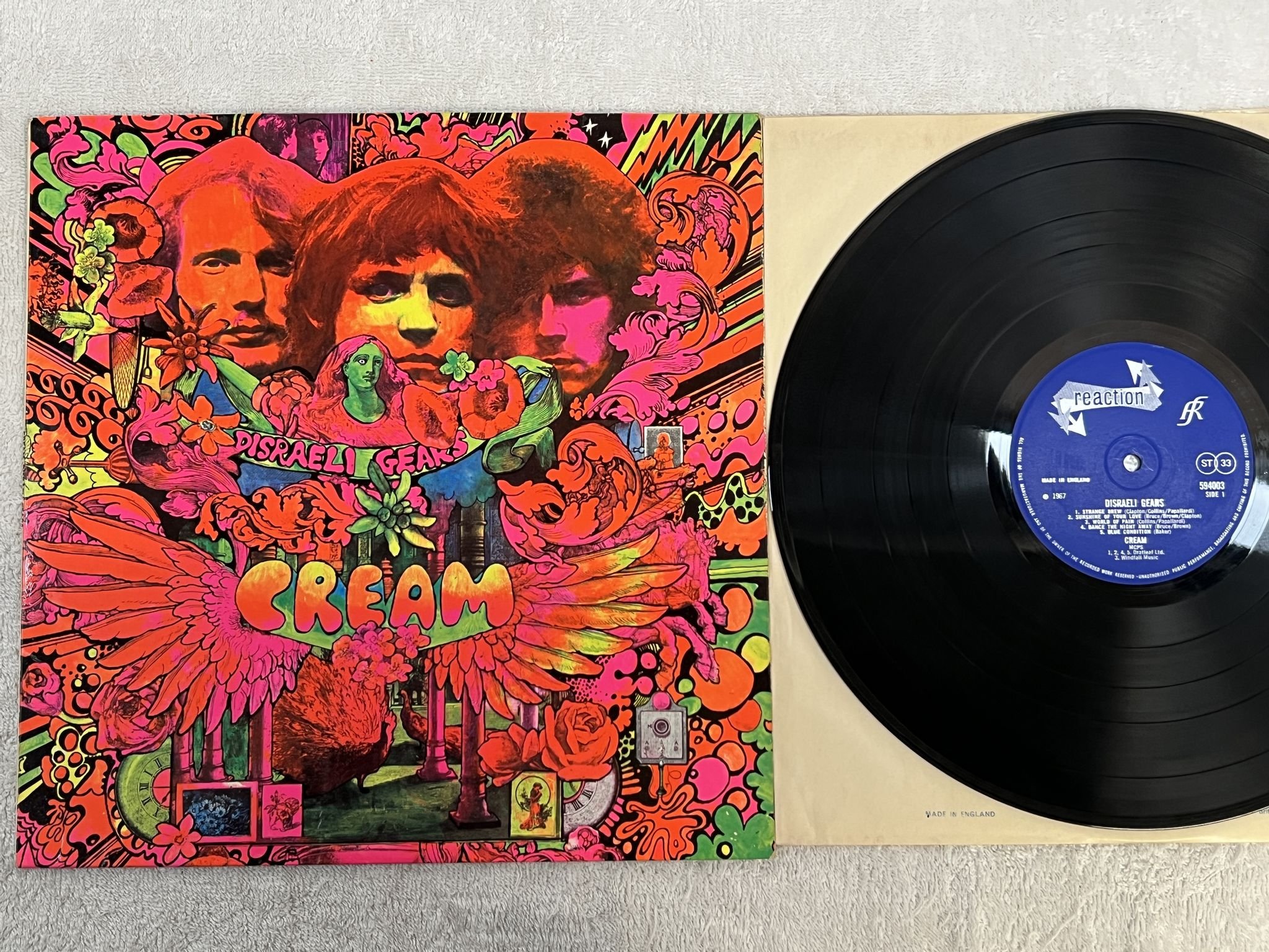 Omslagsbild för skivan CREAM disraeli gears LP -67 UK stereo REACTION 594003 *** CLASSIC ***