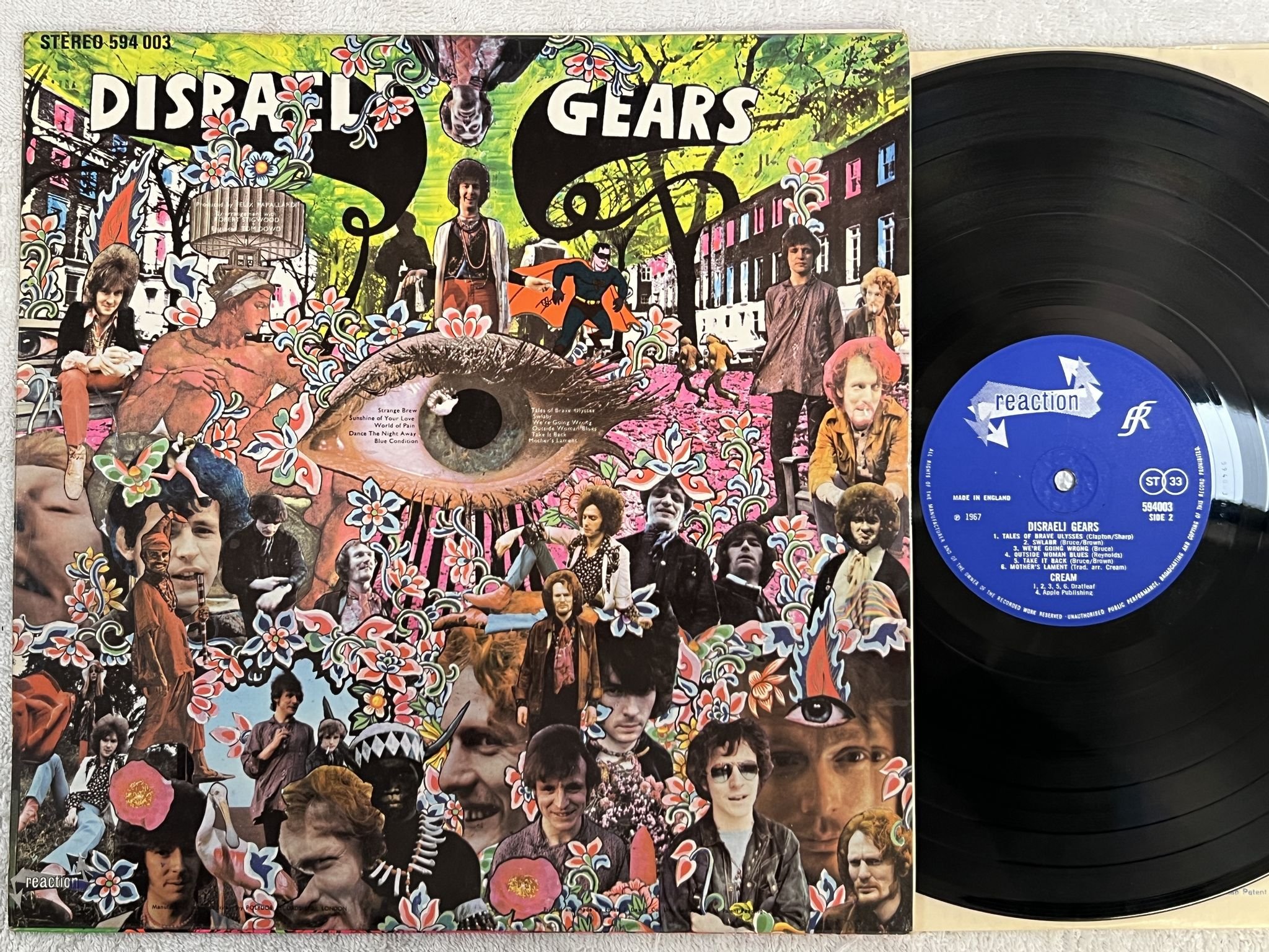 Omslagsbild för skivan CREAM disraeli gears LP -67 UK stereo REACTION 594003 *** CLASSIC ***