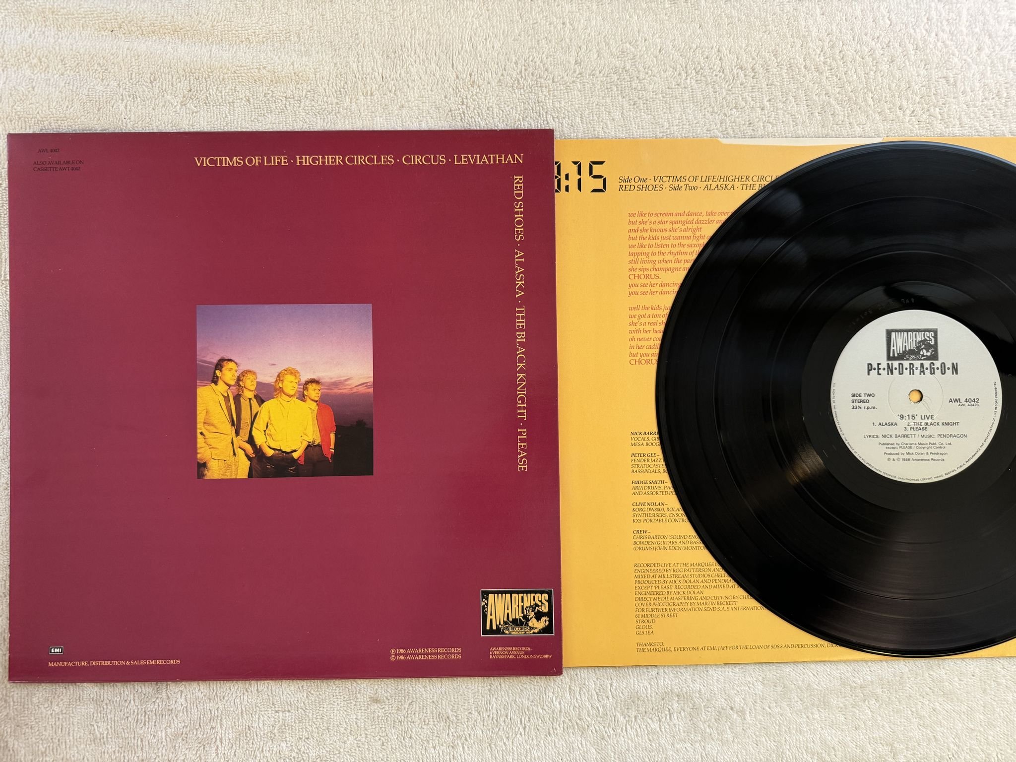 Omslagsbild för skivan PENDRAGON 9:15 Live LP -86 UK AWARENESS AWL 4042