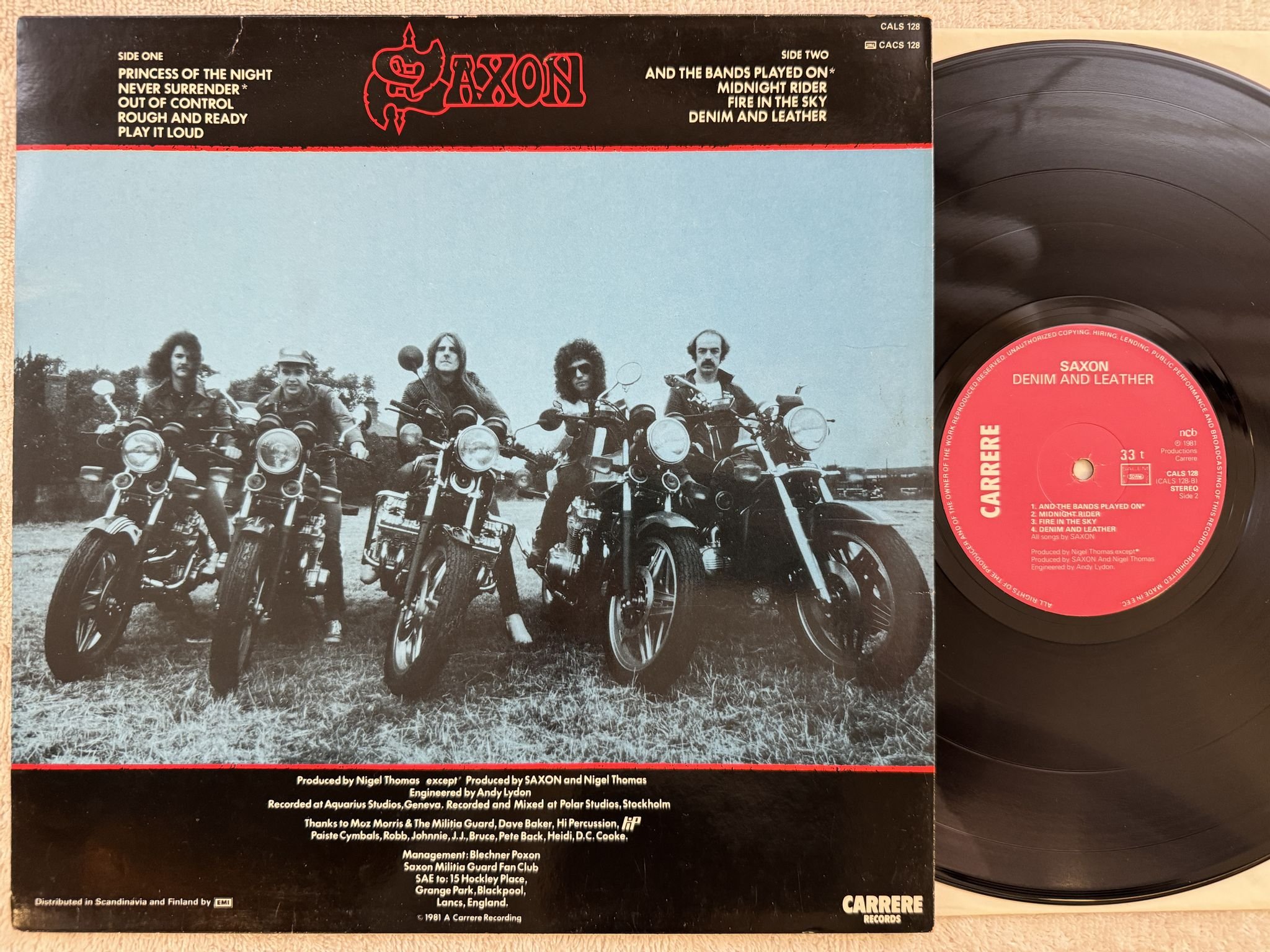 Omslagsbild för skivan SAXON denim and leather LP -81 ncb CARRERE CALS 128