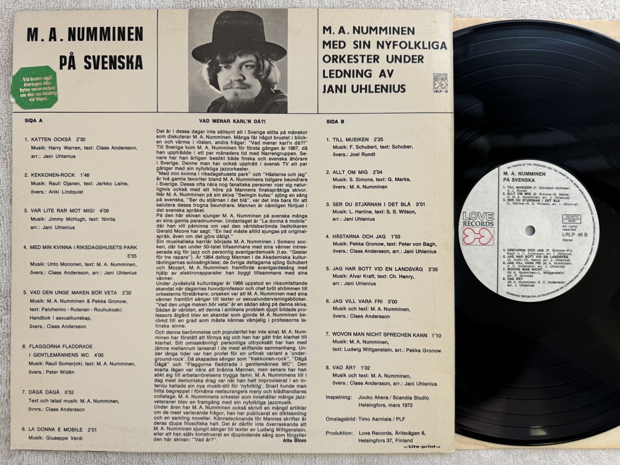 Omslagsbild för skivan M.A. NUMMINEN på svenska LP -72 Finland LOVE LRLP-46