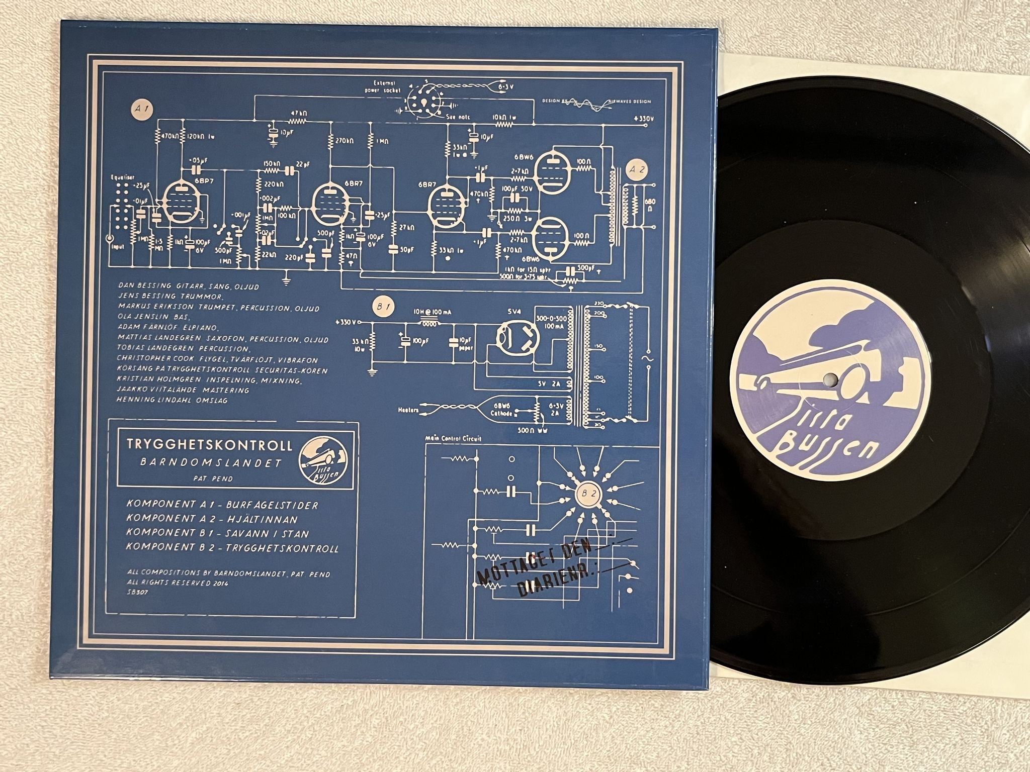 Omslagsbild för skivan BARNDOMSLANDET Trygghetskontroll LP 2015 SISTA BUSSEN SB307 *** PROG / FOLK ***