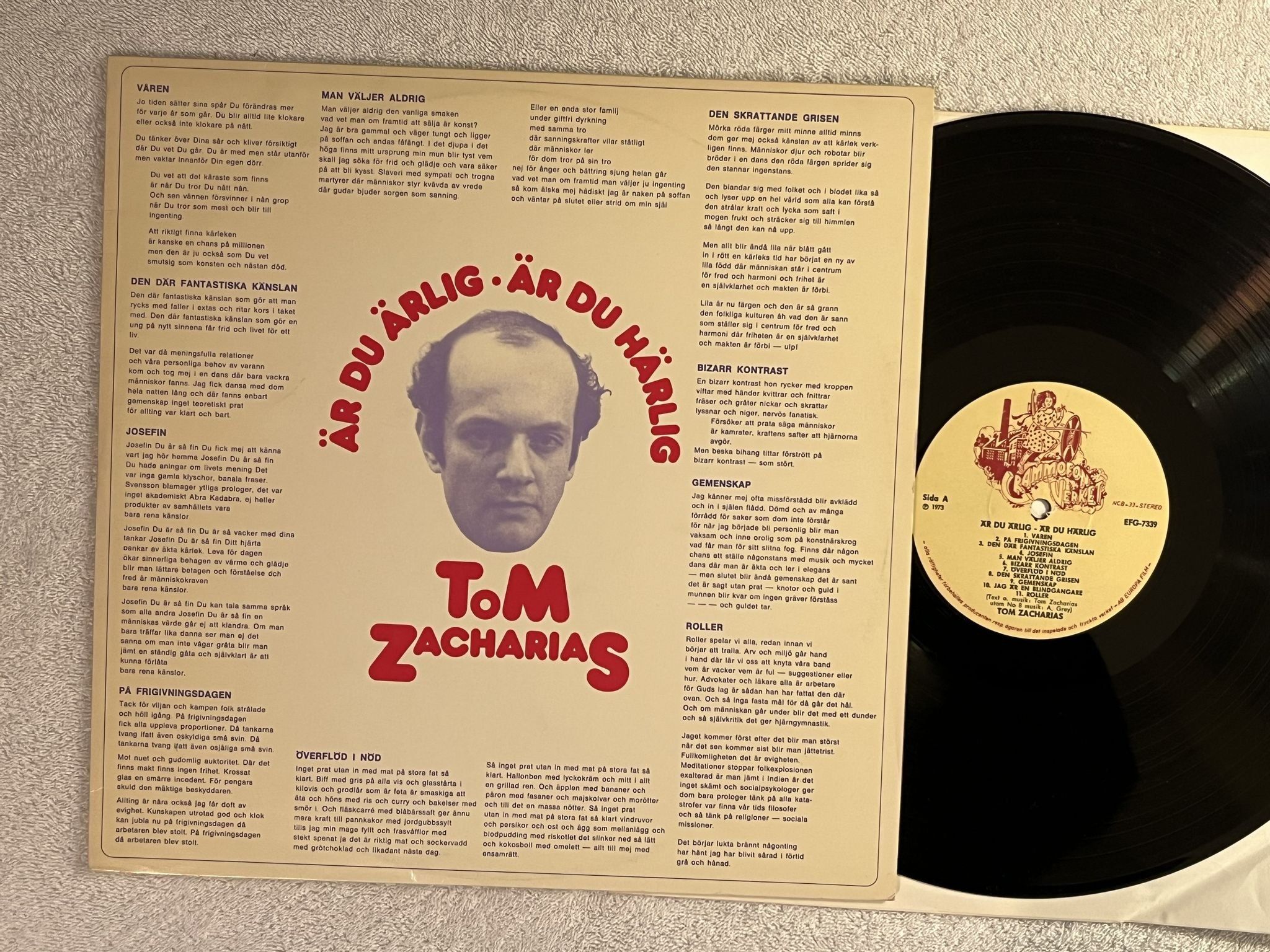 Omslagsbild för skivan TOM ZACHARIAS är du ärlig . är du härlig LP -73 Swe GRAMMOFONVERKET EFG-7339