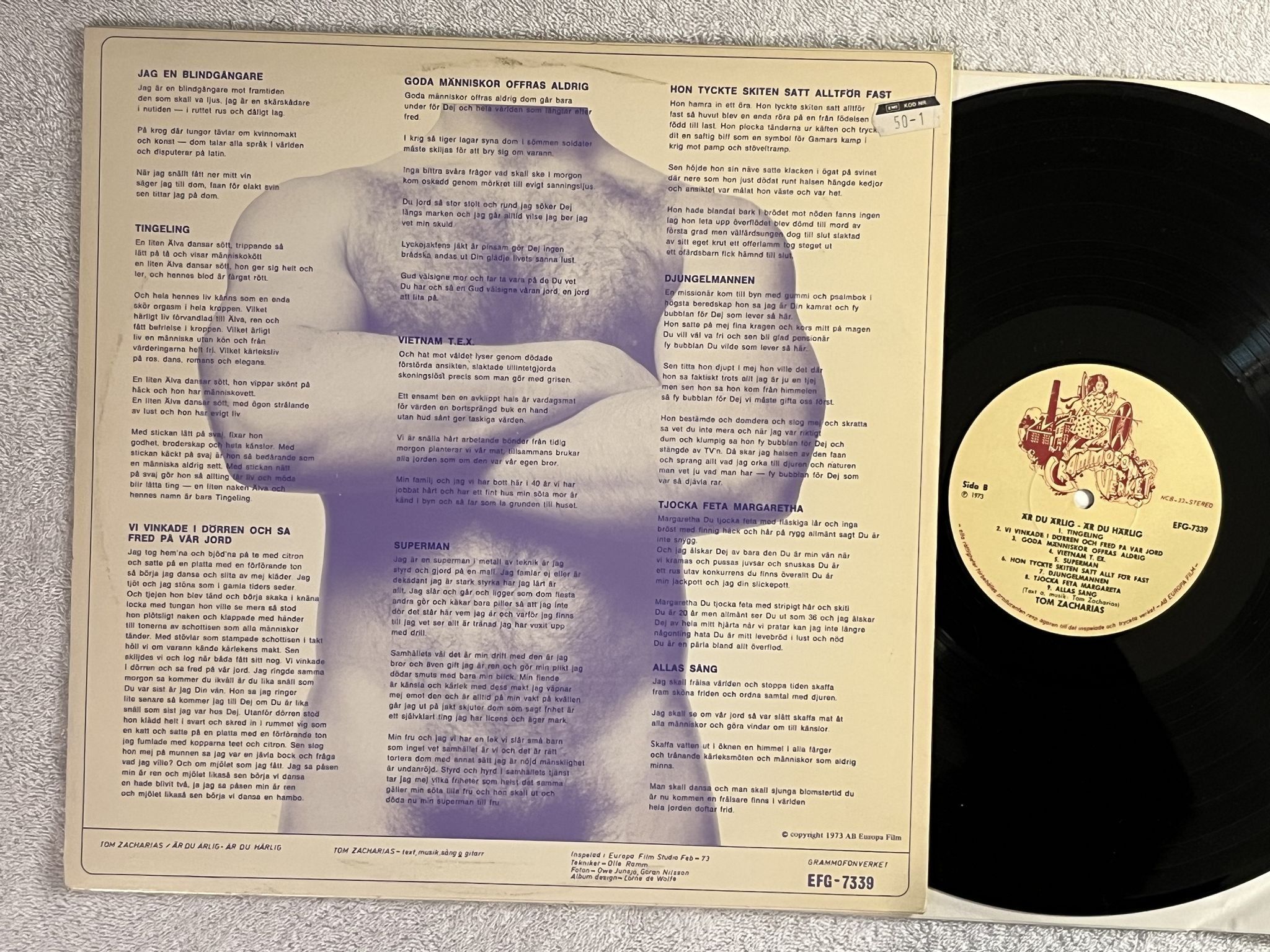 Omslagsbild för skivan TOM ZACHARIAS är du ärlig . är du härlig LP -73 Swe GRAMMOFONVERKET EFG-7339