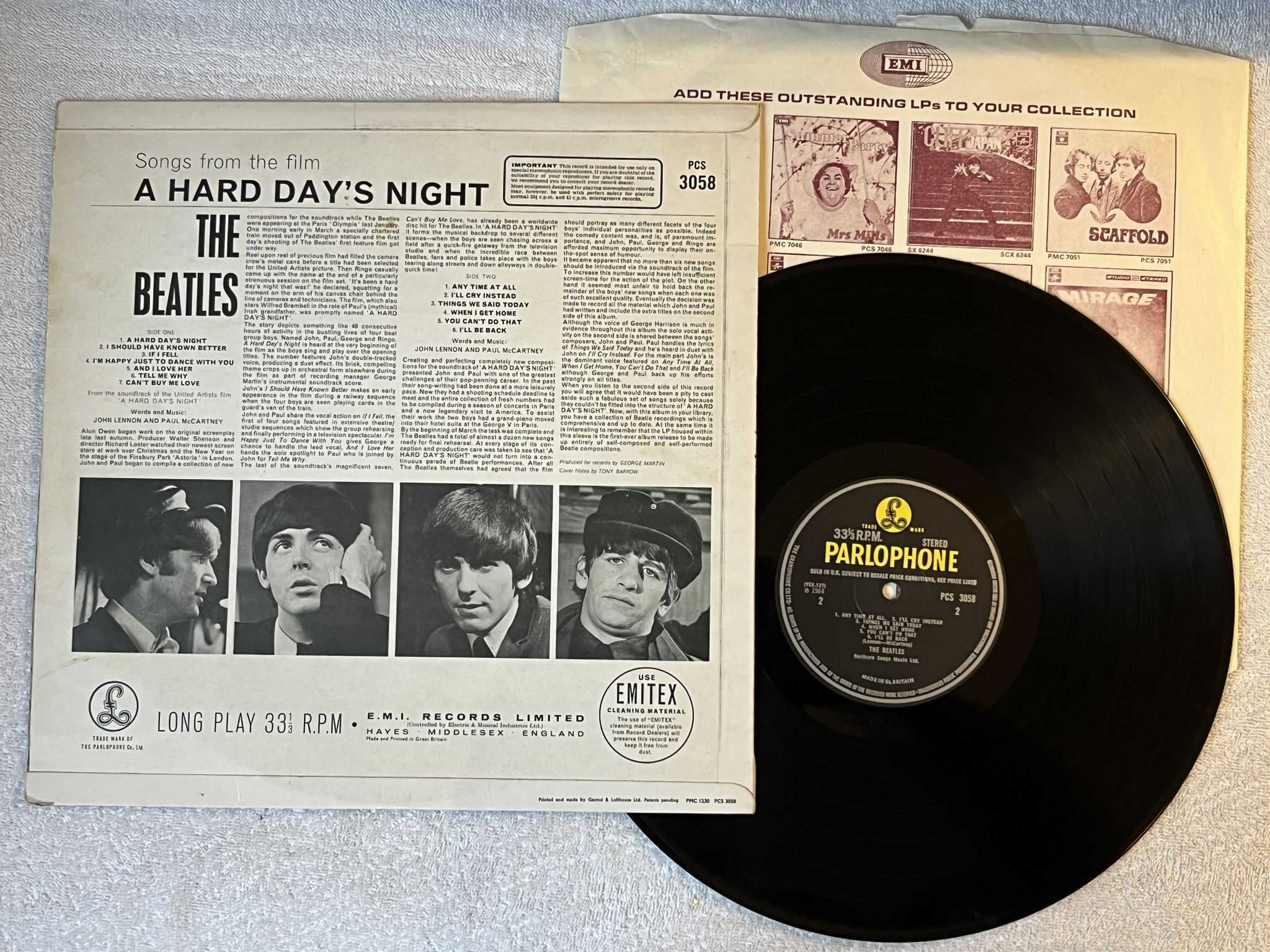 Omslagsbild för skivan THE BEATLES a hard day's night LP PARLOPHONE PCS 3058