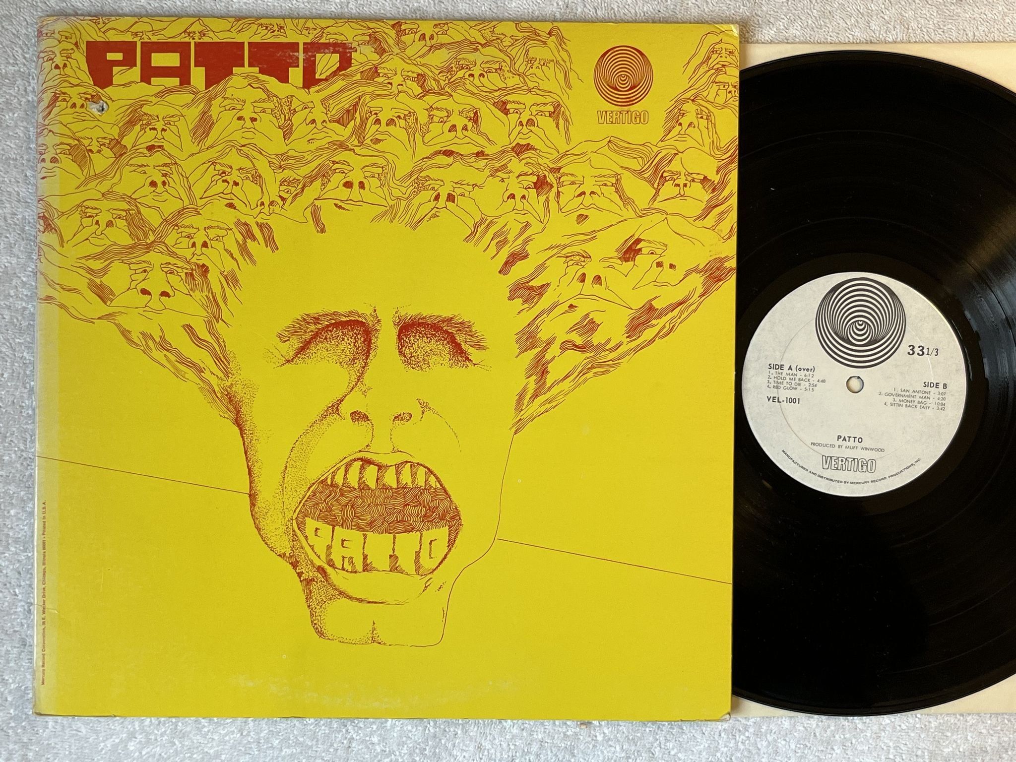 Omslagsbild för skivan PATTO s/t LP -71 US VEERTIGO VEL-1001 *** HARD PROG ****