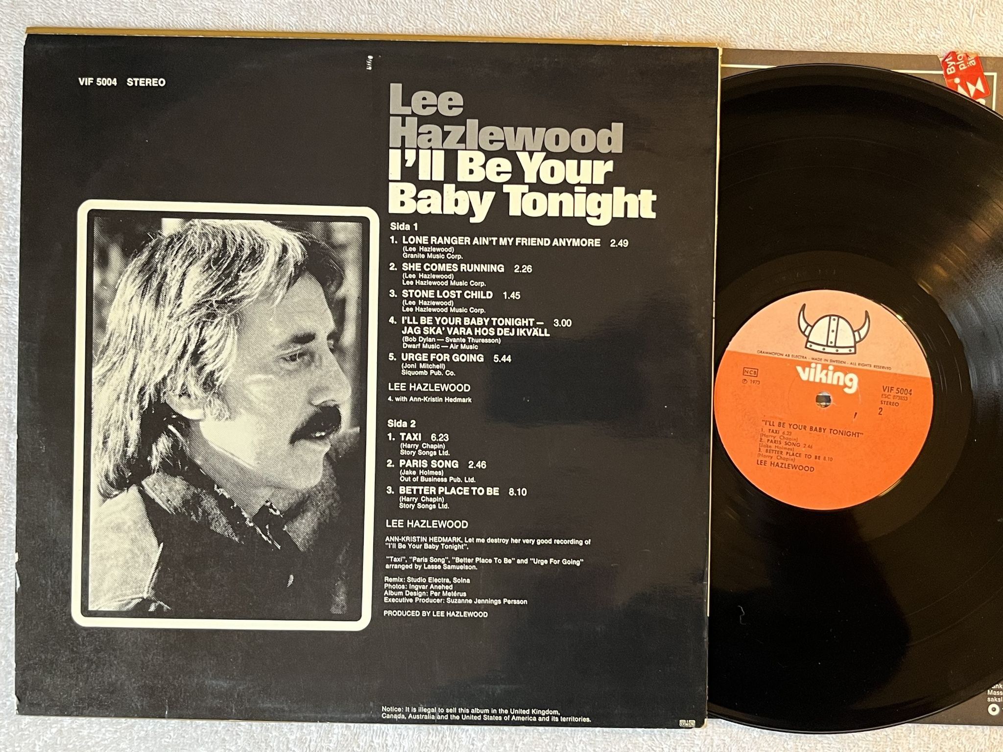 Omslagsbild för skivan LEE HAZLEWOOD I'll be your baby tonight LP -73 Swe VIF 5004
