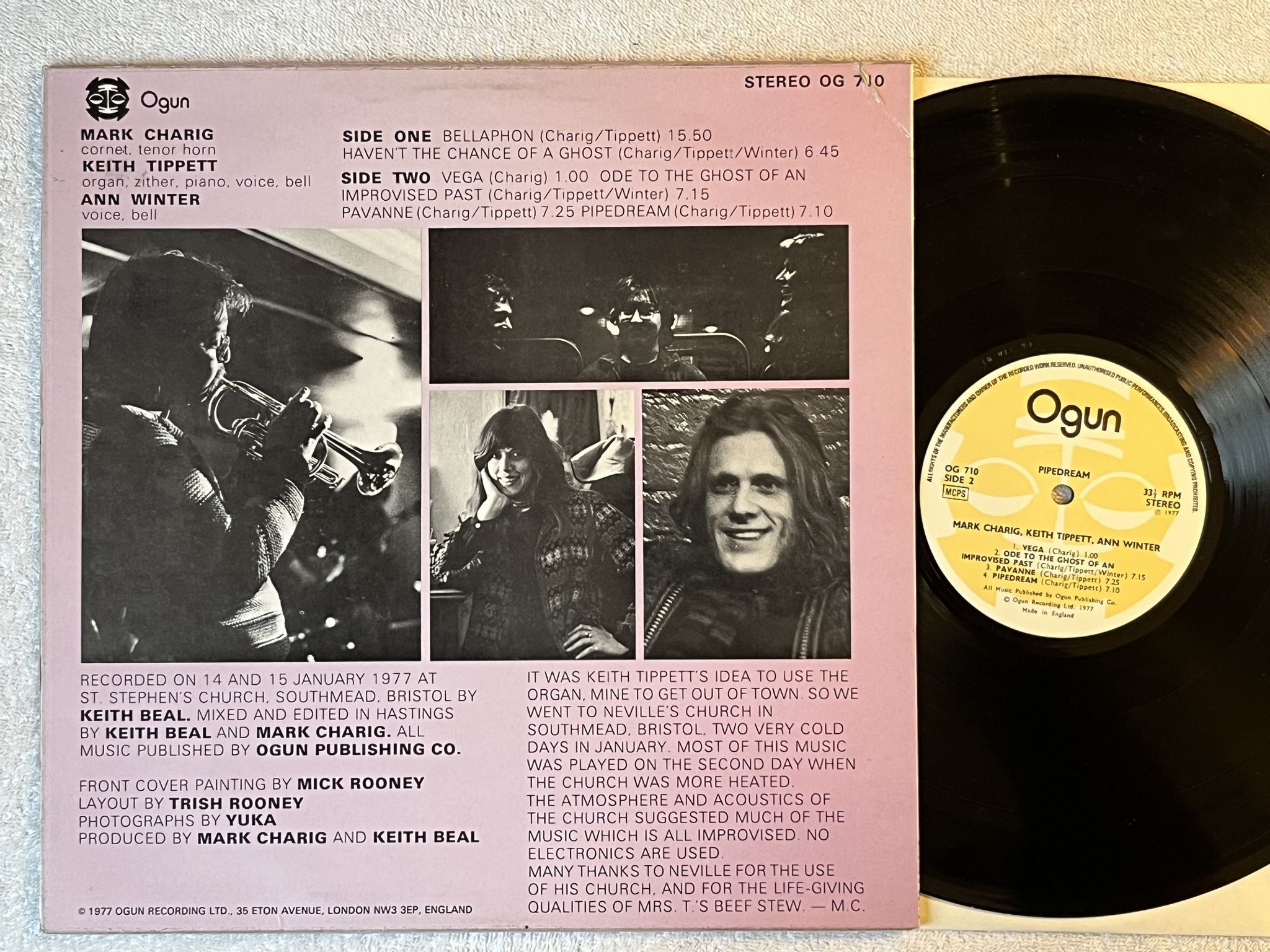 Omslagsbild för skivan MARK CHARIG KEITH TIPPETT ANN WINTER pipedream LP -77 UK OGUN OG-710