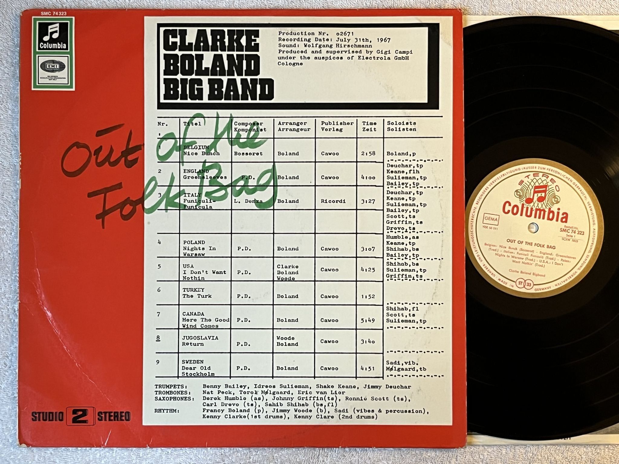 Omslagsbild för skivan CLARKE BOLAND Out Of The Folk Bag LP -67 Ger COLUMBIA SMC 74323 * Sahib Shihab *