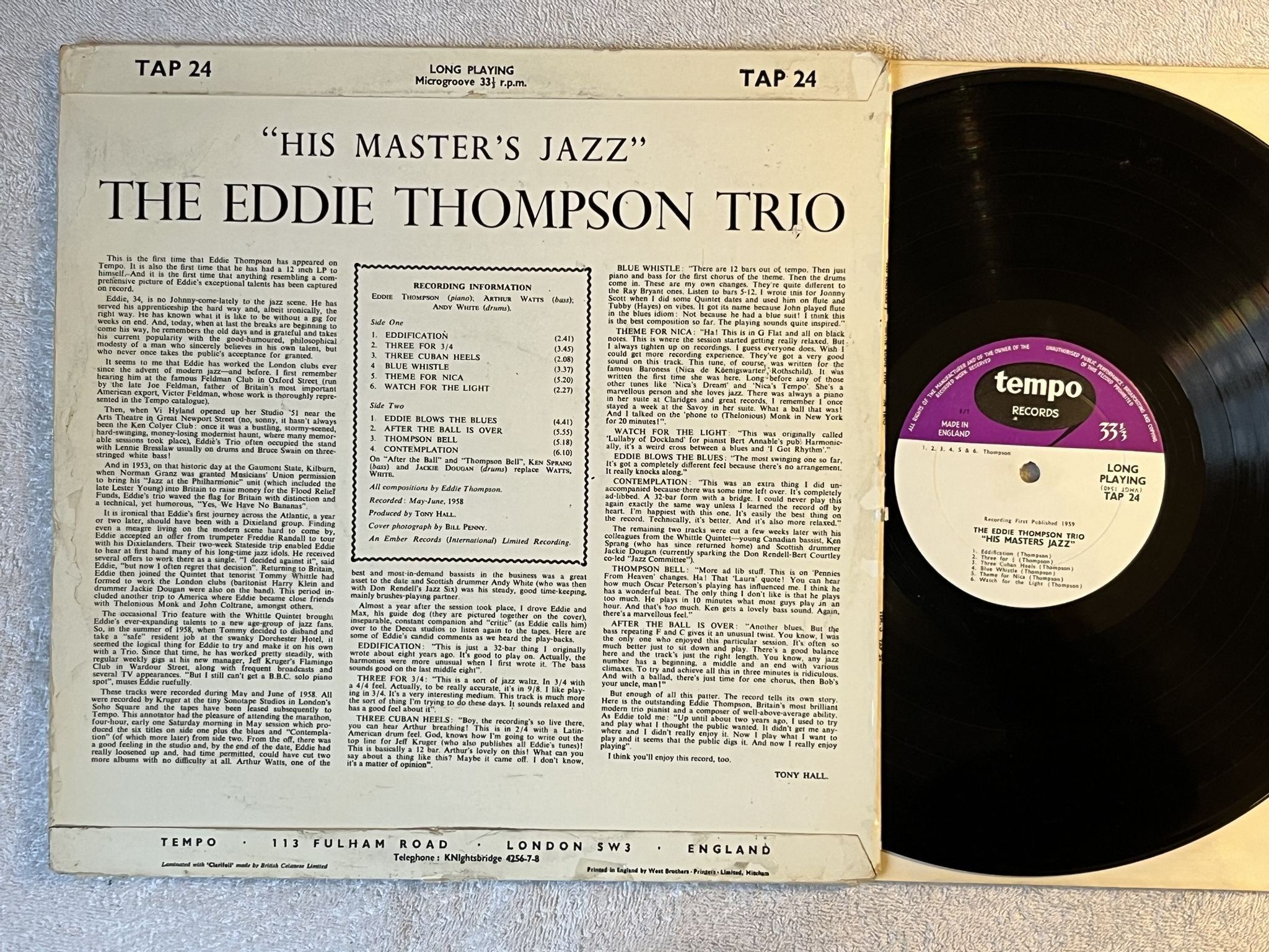 Omslagsbild för skivan THE EDDIE THOMPSON TRIO his master's jazz LP 59 UK TEMPO TAP 24 ** ULTRA RARE **