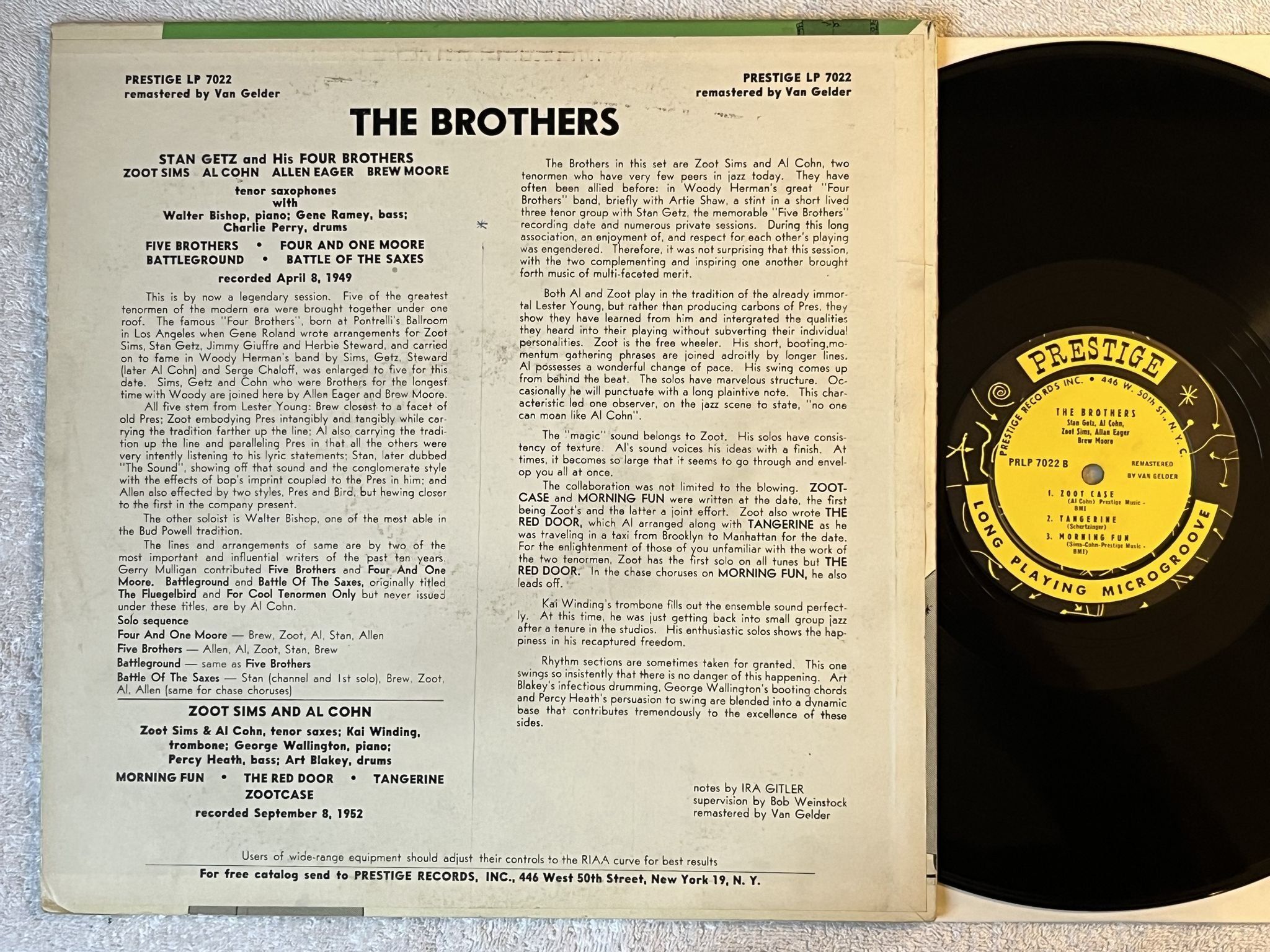 Omslagsbild för skivan STAN GETZ The Brothers LP -56 US PRESTIGE PRLP 7022 ** 446 W. 50th St. **