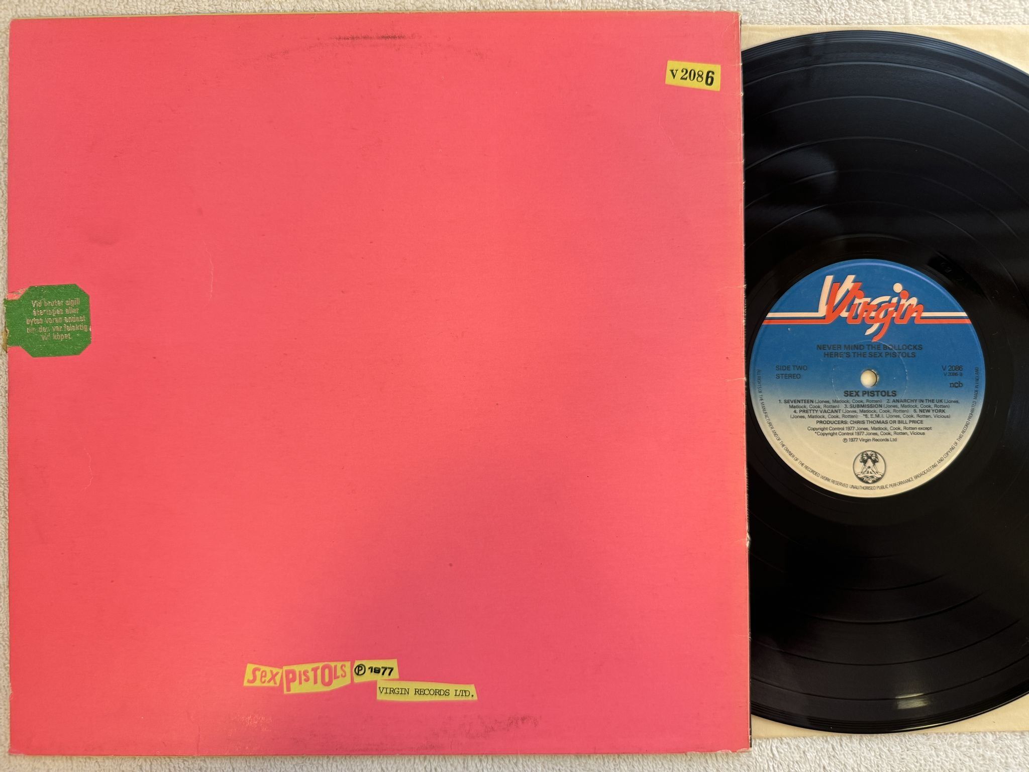 Omslagsbild för skivan SEX PISTOLS never mind the bollocks LP -77 Scandinavia VIRGIN V 2086 ** BLANK **