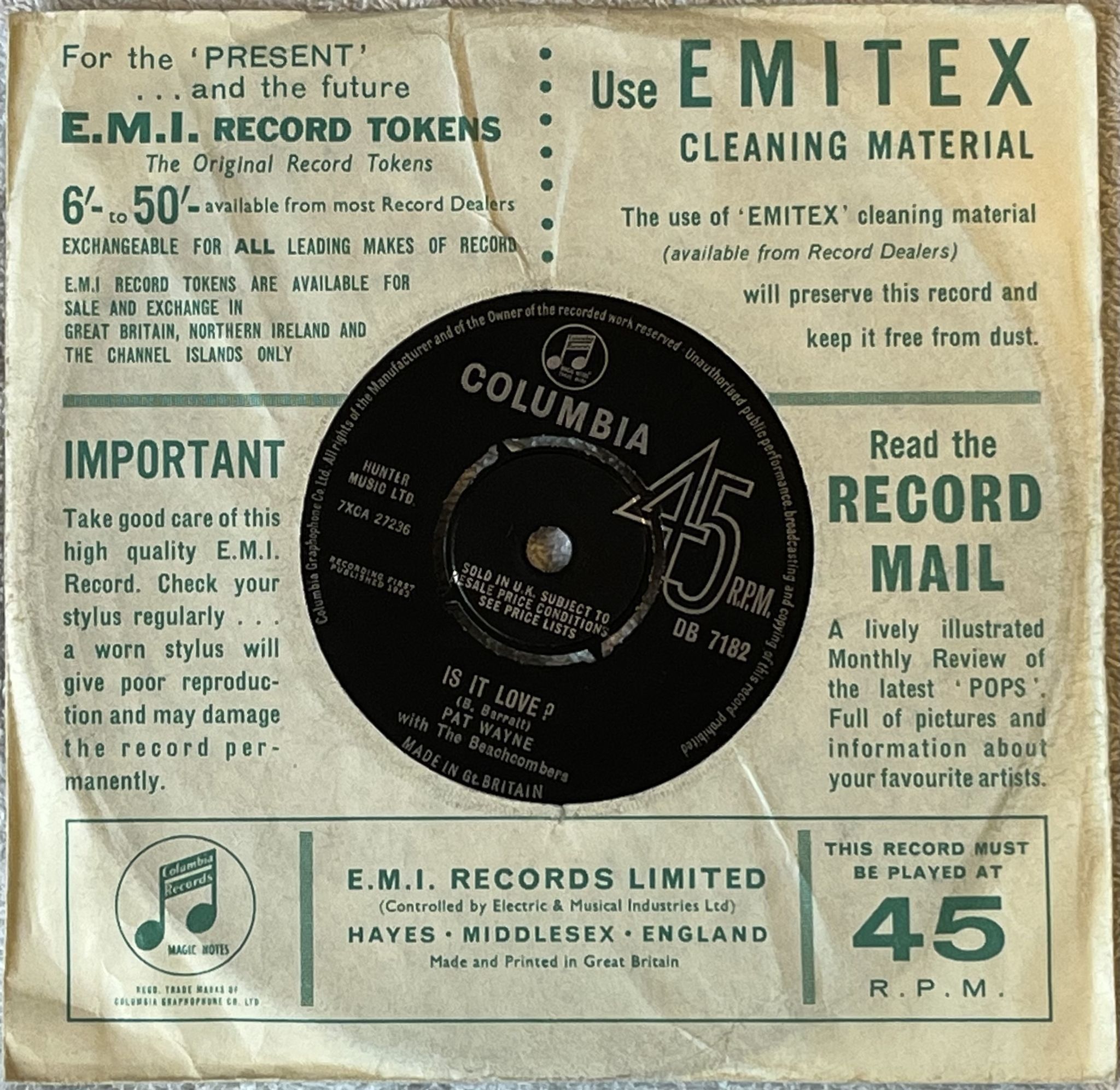 Omslagsbild för skivan PAT WAYNE & THE BEACHCOMBERS Roll Over Beethoven 7" -63 UK PARLOPHONE DB 7182