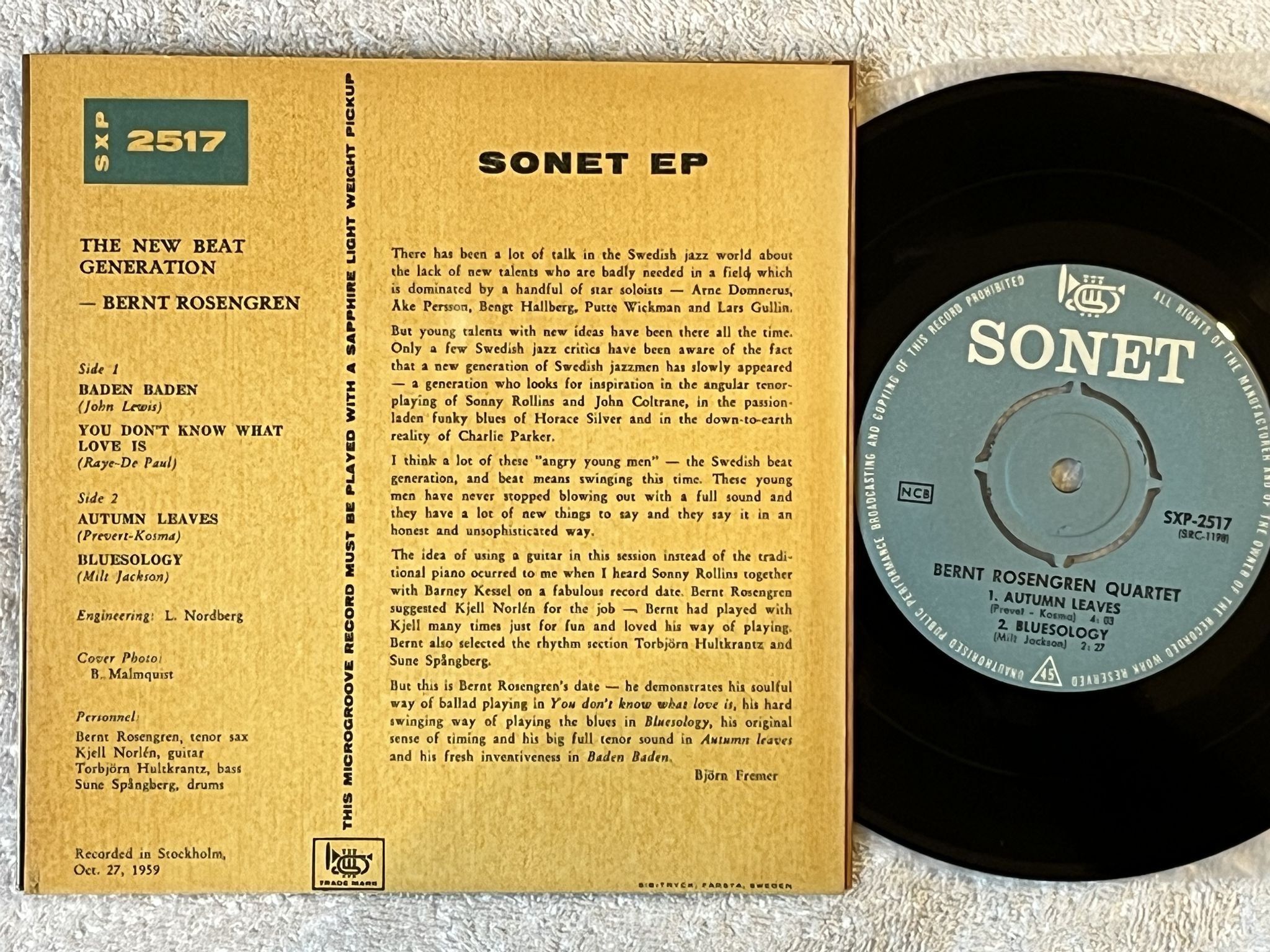 Omslagsbild för skivan BERNT ROSENGREN the new beat generation 7" -60 Swe SONET SXP2517 * RARE JAZZ *