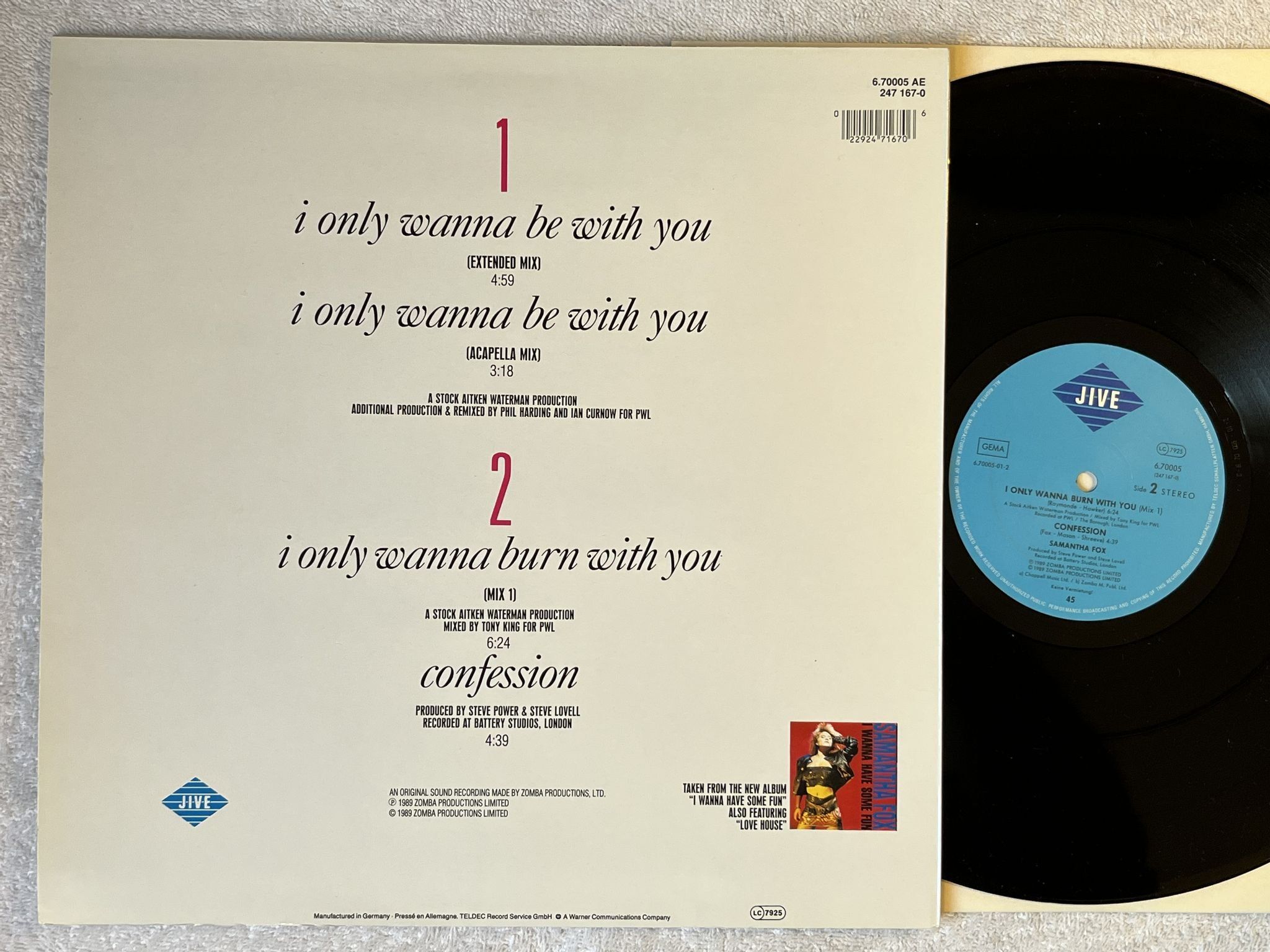 Omslagsbild för skivan SAMANTHA FOX I Only Wanna Be With You 12"single -89 Ger JIVE 6.70005