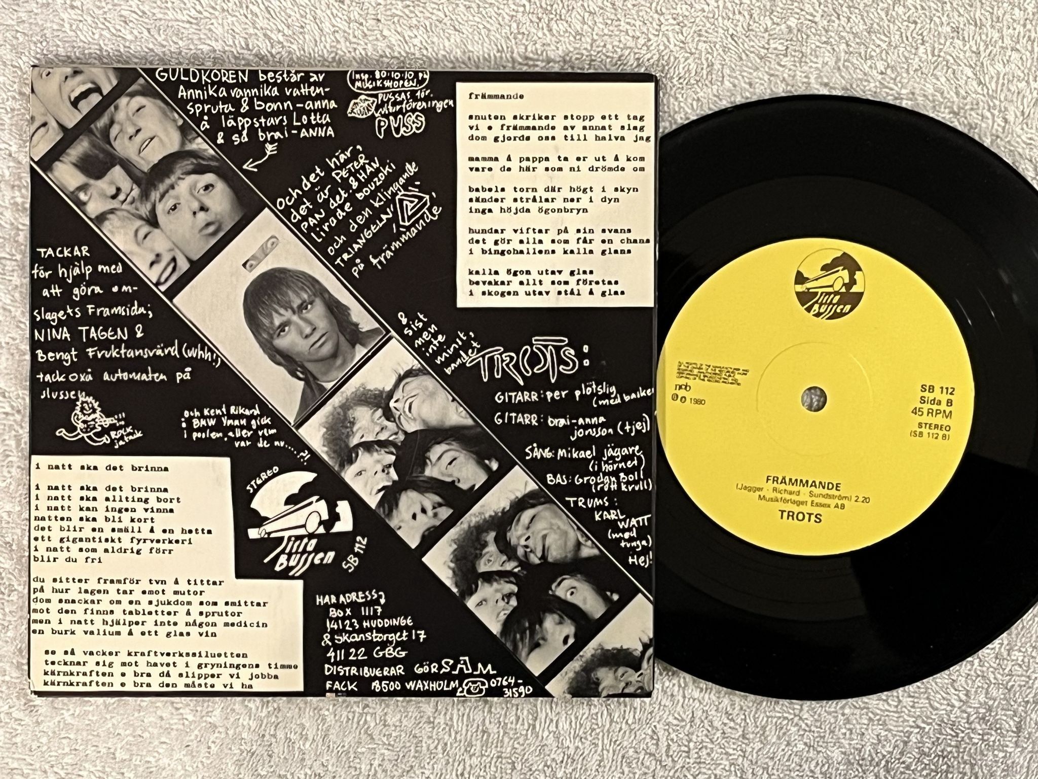 Omslagsbild för skivan TROTS I natt ska det brinna 7" -80 Swe SISTA BUSSEN SB 112