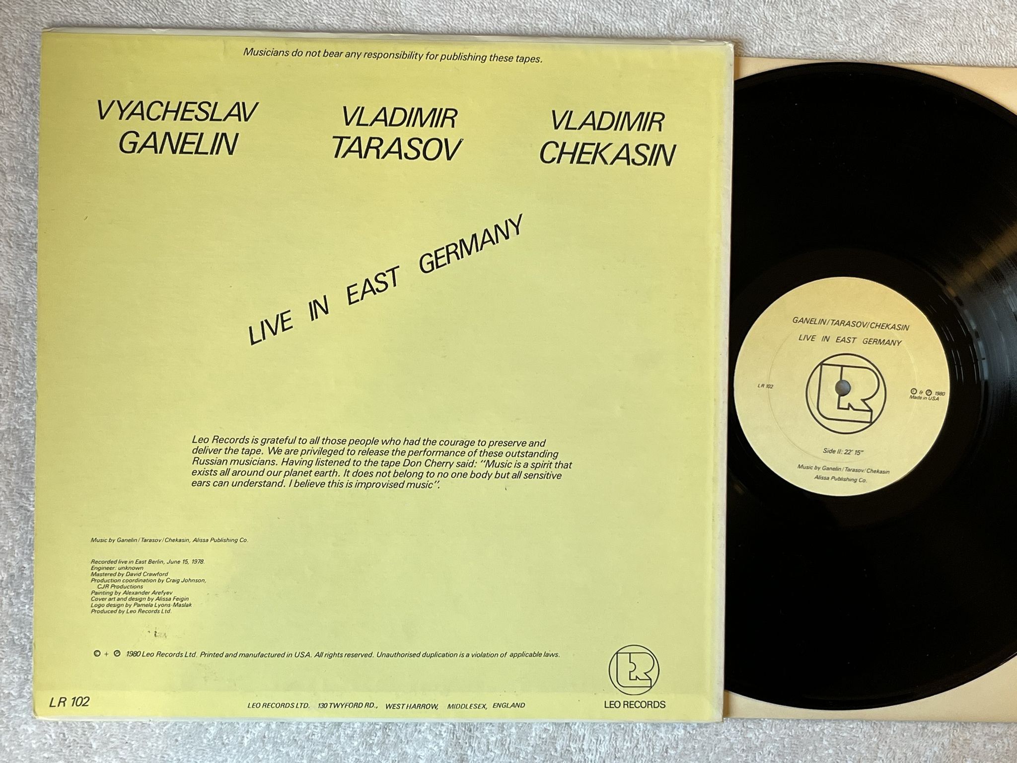 Omslagsbild för skivan GANELIN TARASOV CHEKASIN live in East Germany LP -80 US LEO LR 102 * FREE JAZZ *