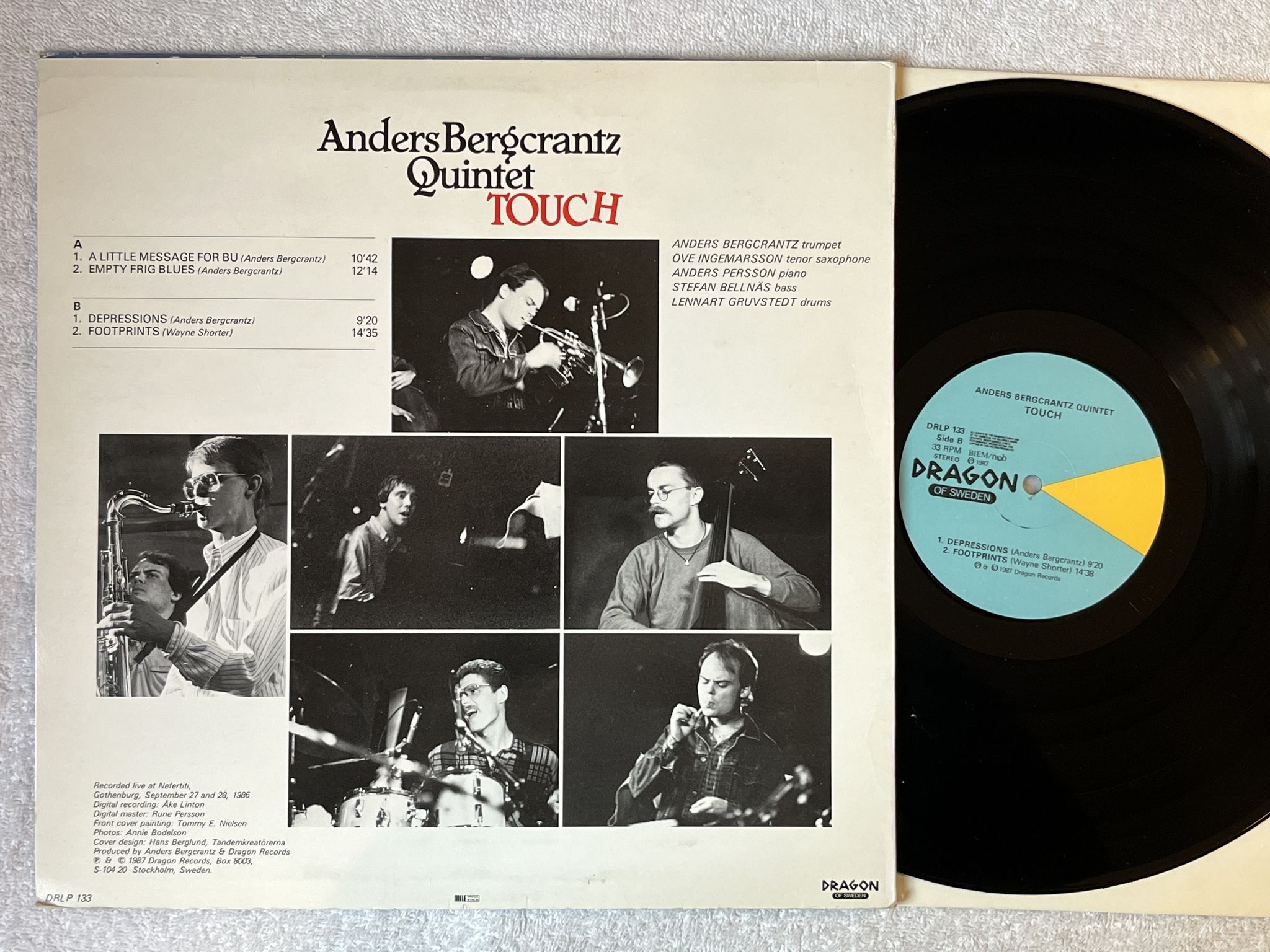 Omslagsbild för skivan ANDERS BERGCRANTZ QUINTET Touch LP -87 Swe DRAGON DRLP 133