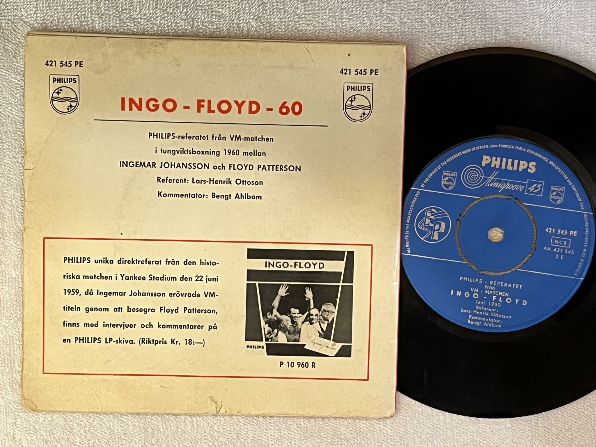 Omslagsbild för skivan Referatet Från VM-matchen Ingo - Floyd Juni 1960 7" -60 PHILIPS 421 545 PE