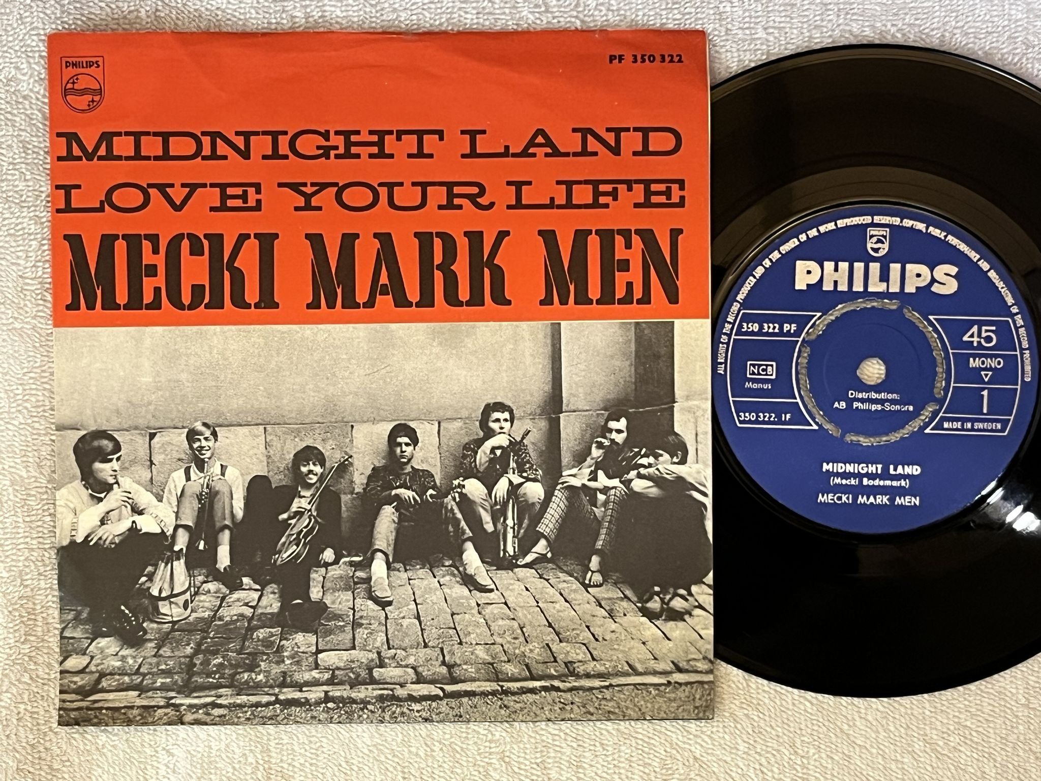Omslagsbild för skivan MECKI MARK MEN midnight land 7" -67 Swe PHILIPS 350 322 PF
