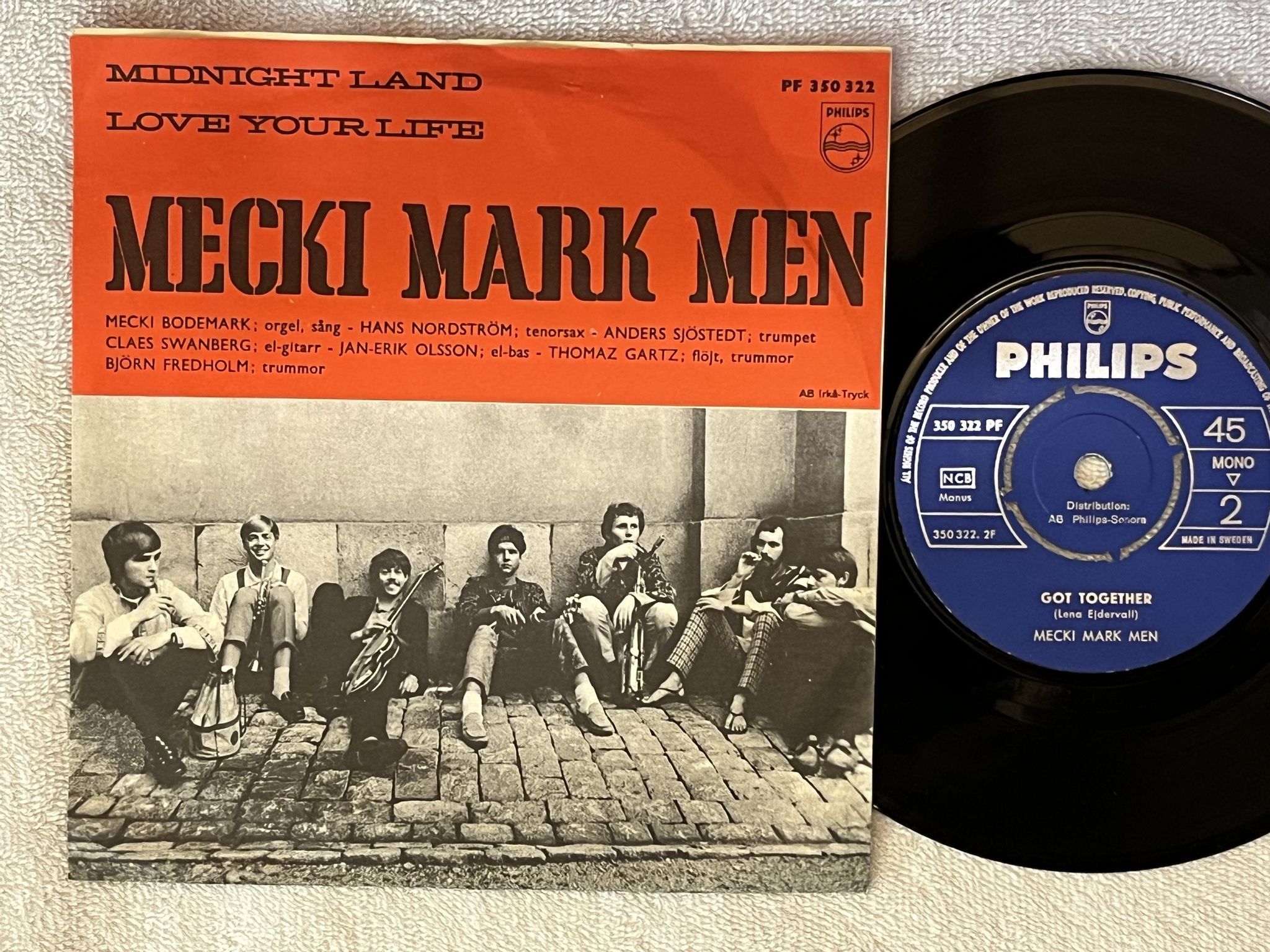 Omslagsbild för skivan MECKI MARK MEN midnight land 7" -67 Swe PHILIPS 350 322 PF