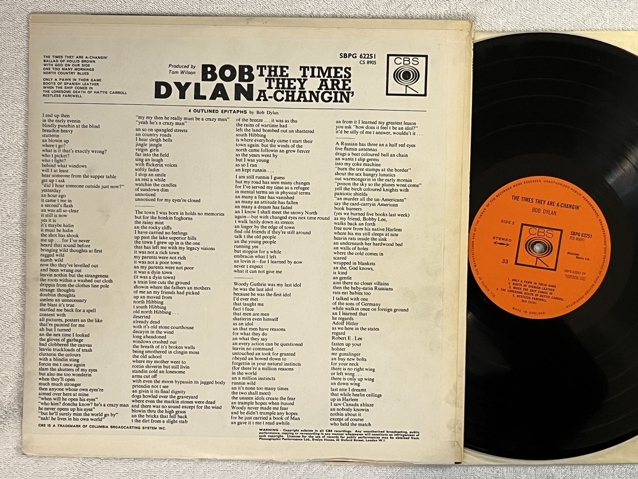 Omslagsbild för skivan BOB DYLAN The Times They Are A-Changin' LP -64 CBS 62251