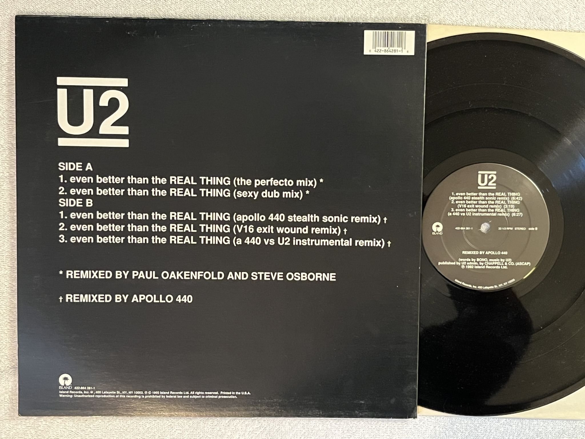 Omslagsbild för skivan U2 Even Better Than The Real Thing - Remixes 12" -92 ISLAND 422-864281-1