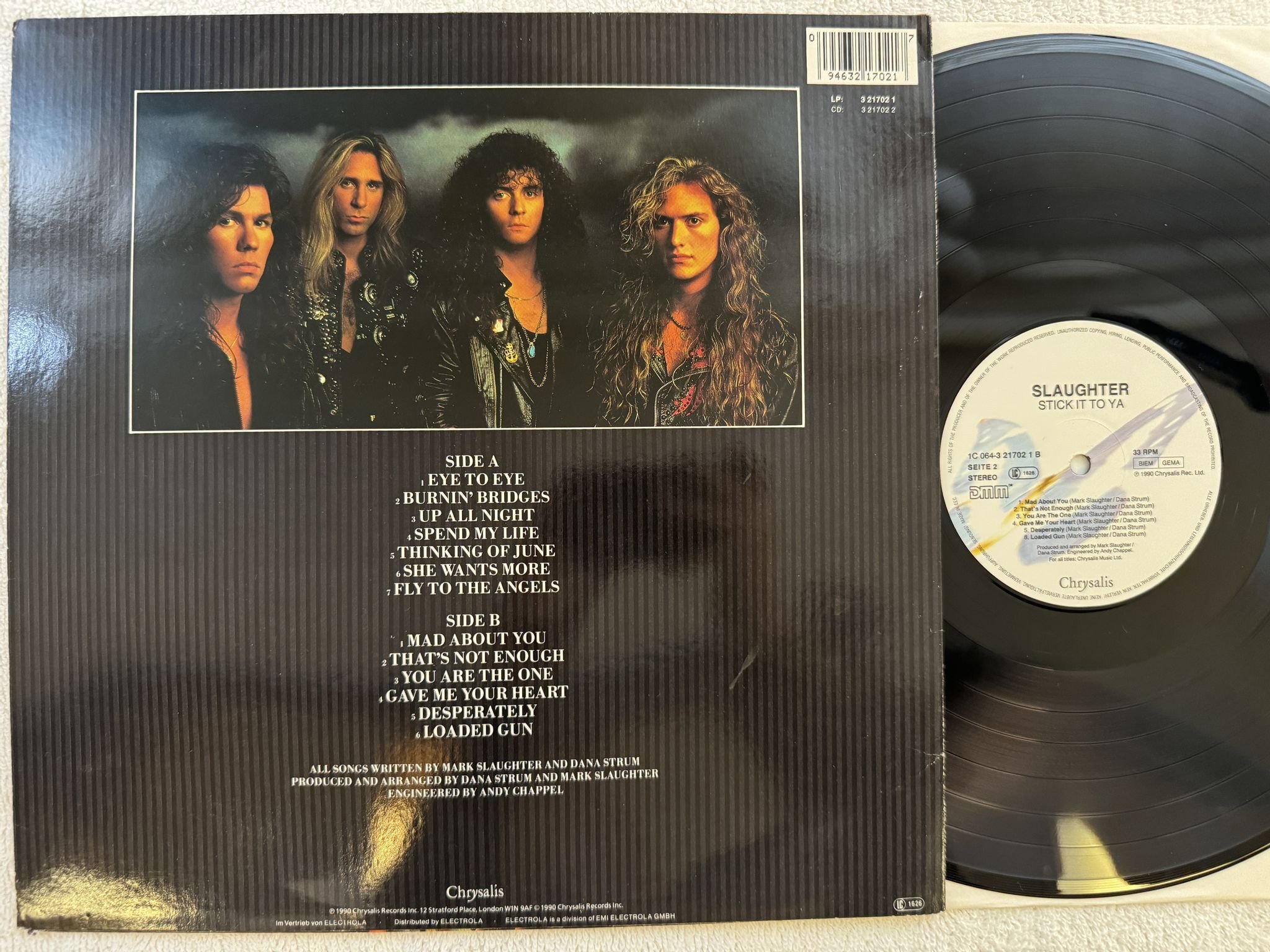 Omslagsbild för skivan SLAUGHTER stick it to ya LP -90 CHRYSALIS 1C 064-3 21702 1