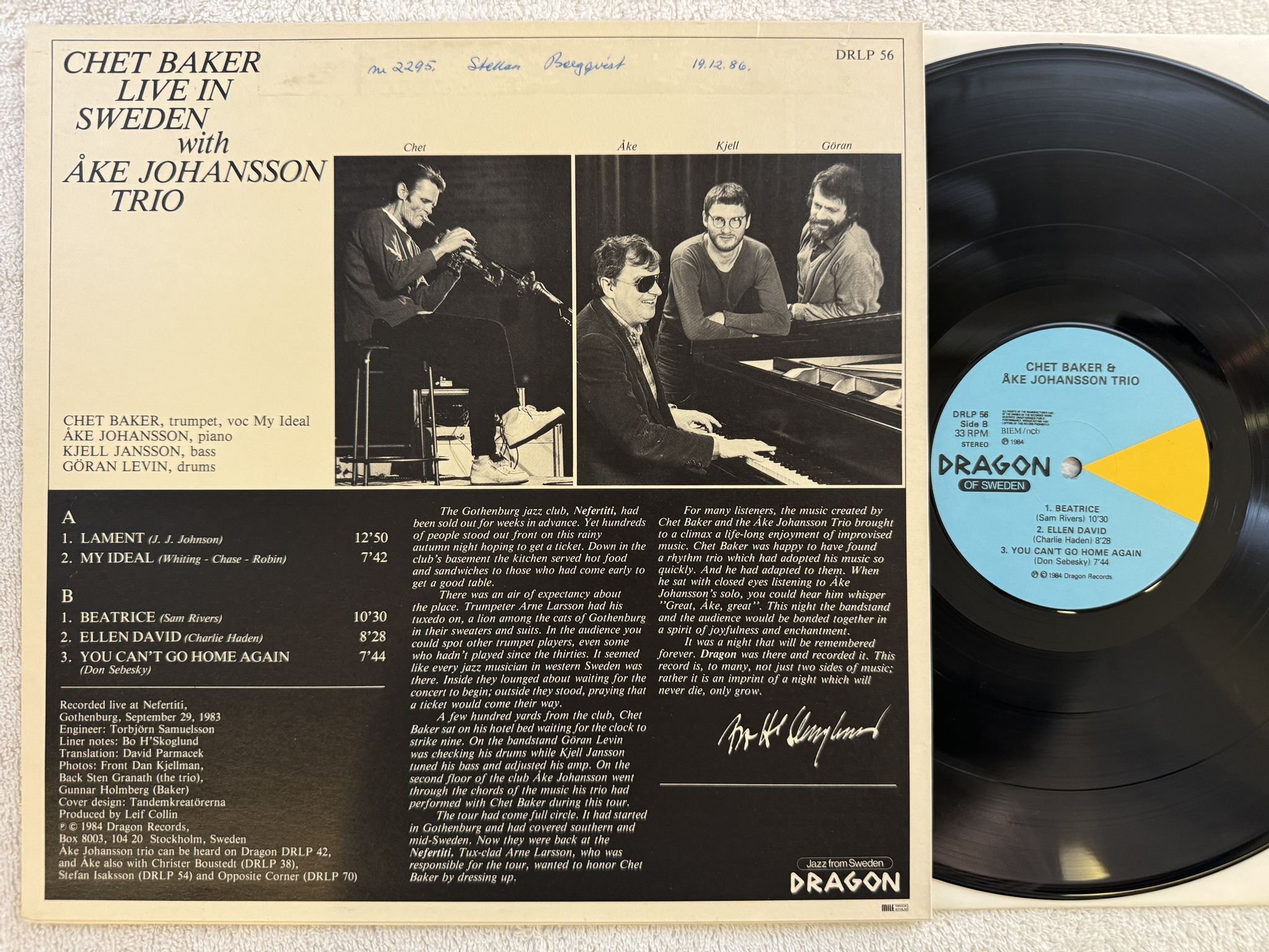 Omslagsbild för skivan CHET BAKER & ÅKE JOHANSSON TRIO s/t LP -84 Swe DRAGON DRLP 56