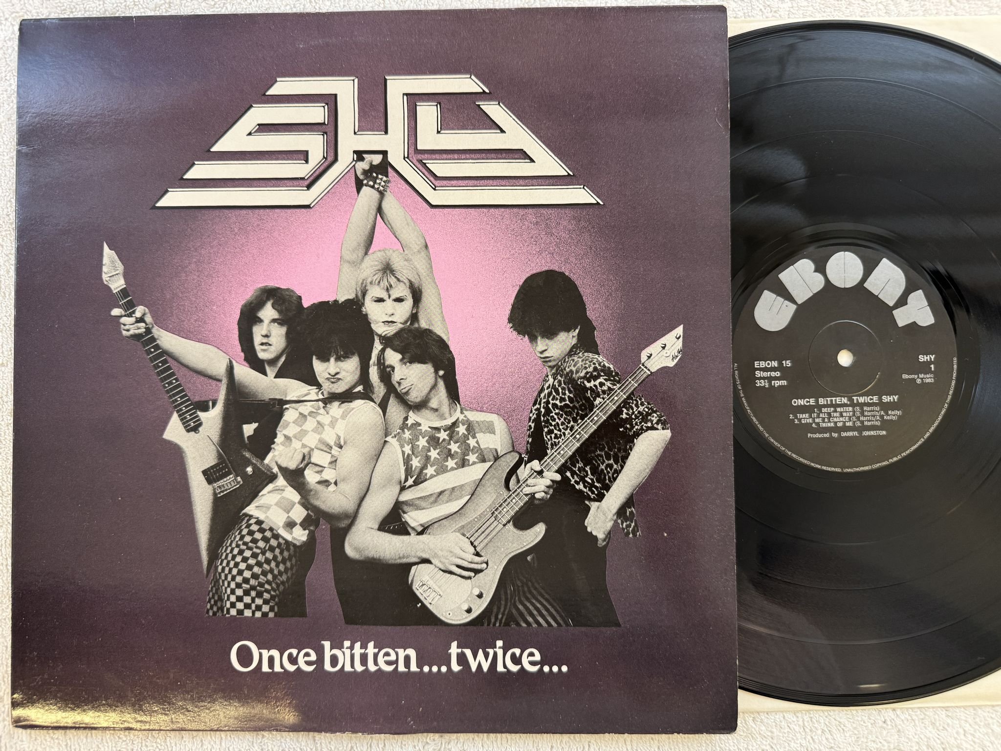 Omslagsbild för skivan SHY once bitten, twice shy LP -83 UK EBONY EBON 15
