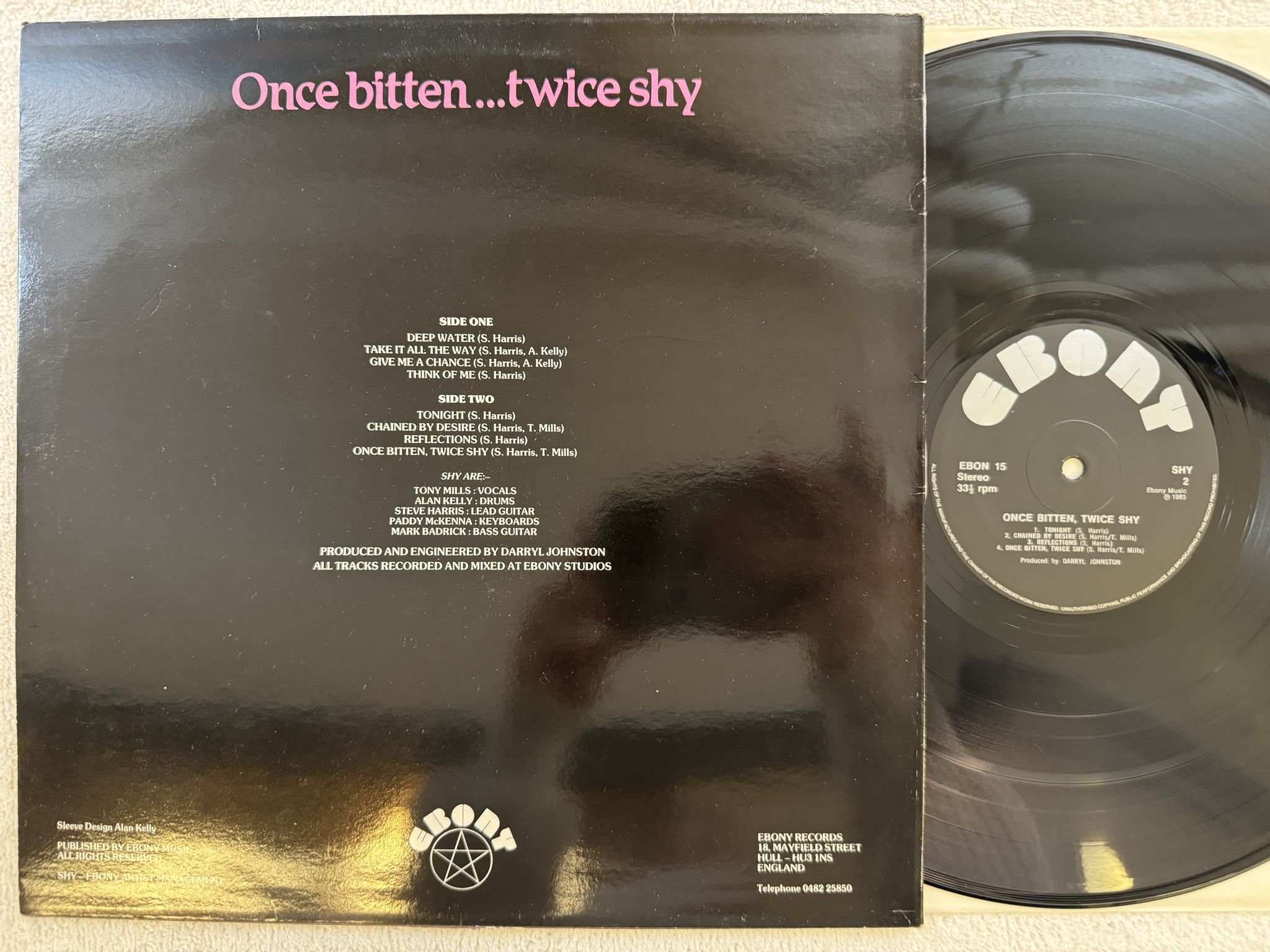 Omslagsbild för skivan SHY once bitten, twice shy LP -83 UK EBONY EBON 15