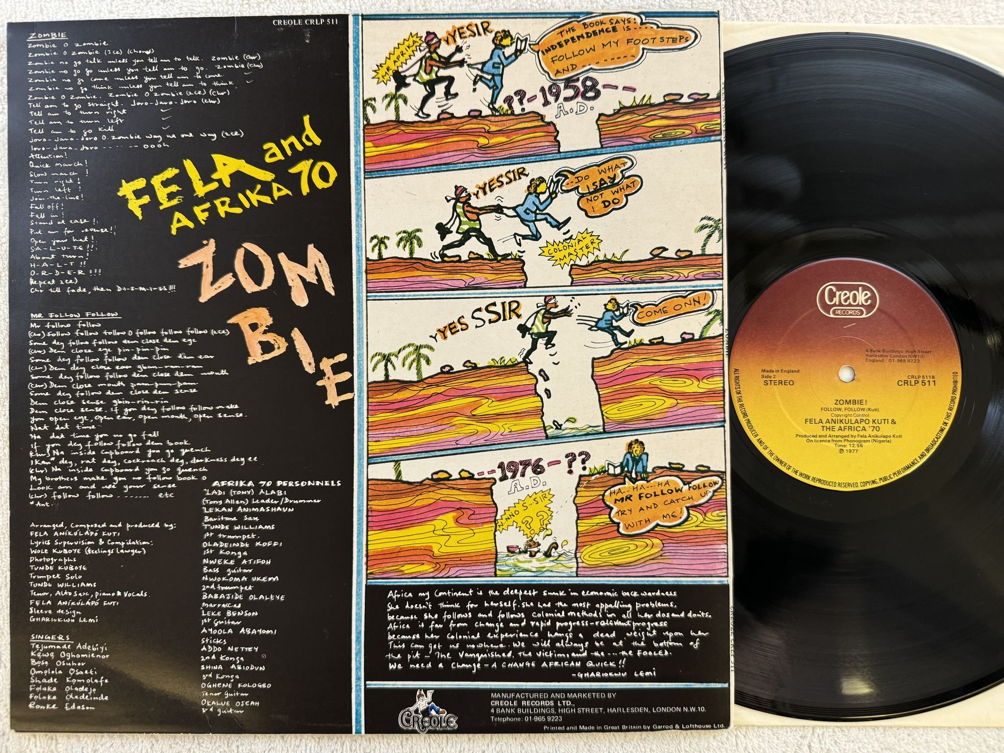 Omslagsbild för skivan FELA KUTI & AFRIKA 70 Zombie LP -77 UK CREOLE CRLP 511 *** AFRO FUNK ***